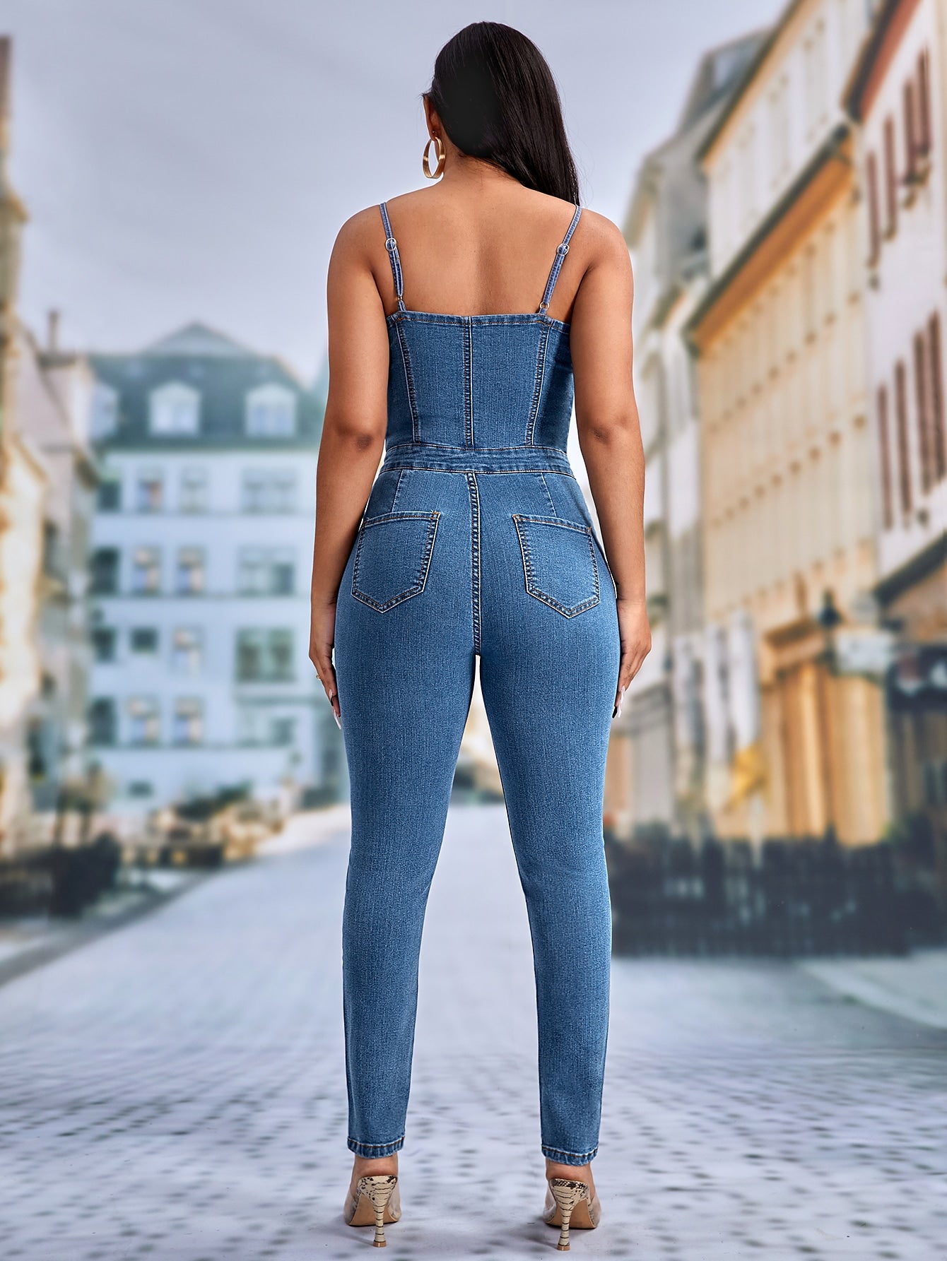 Button Front Cami Denim Jumpsuit