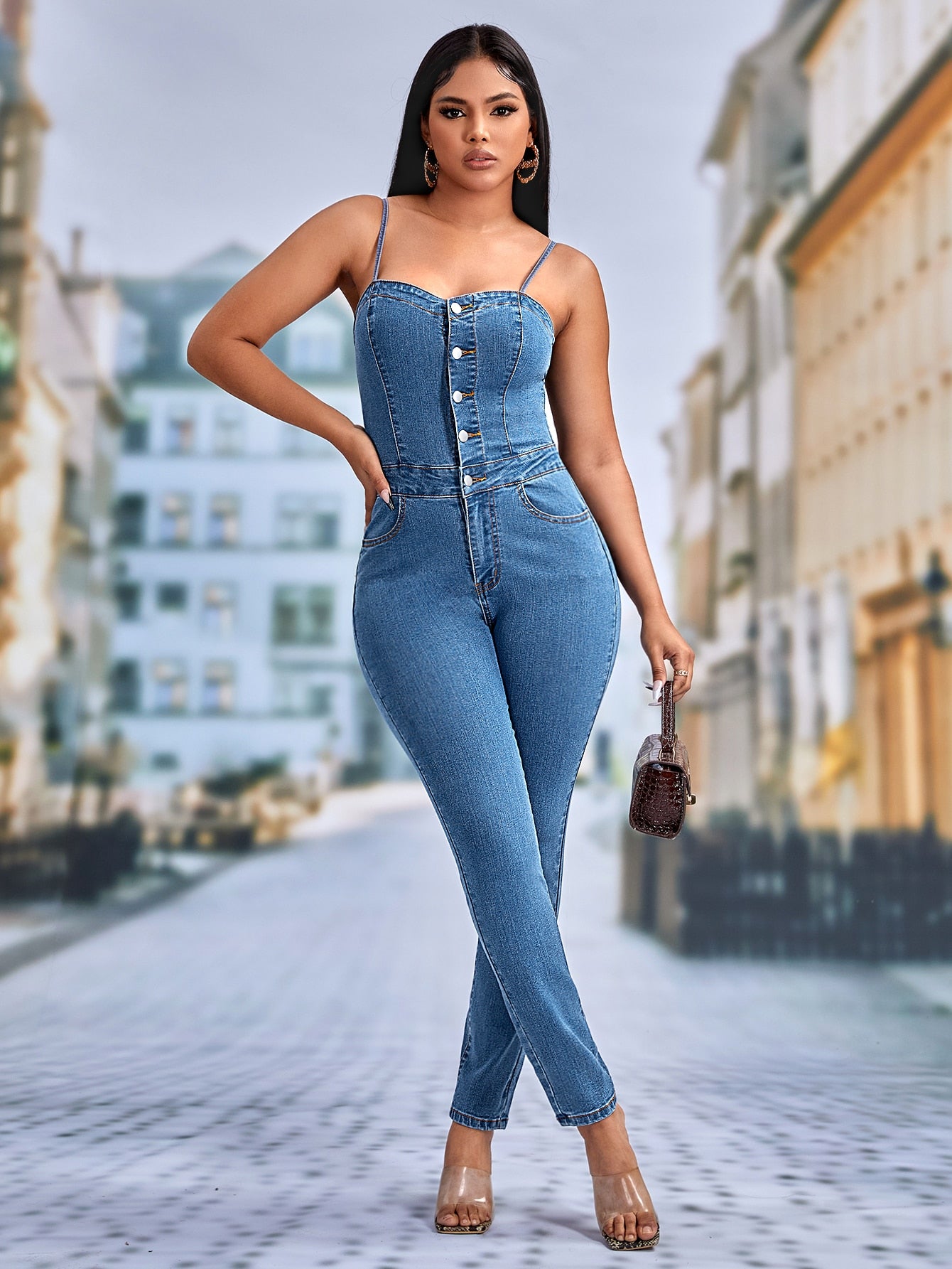 Button Front Cami Denim Jumpsuit