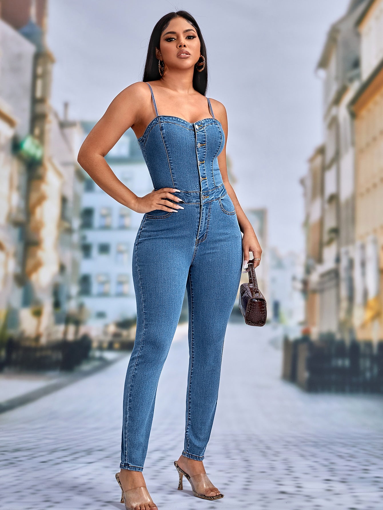 Button Front Cami Denim Jumpsuit