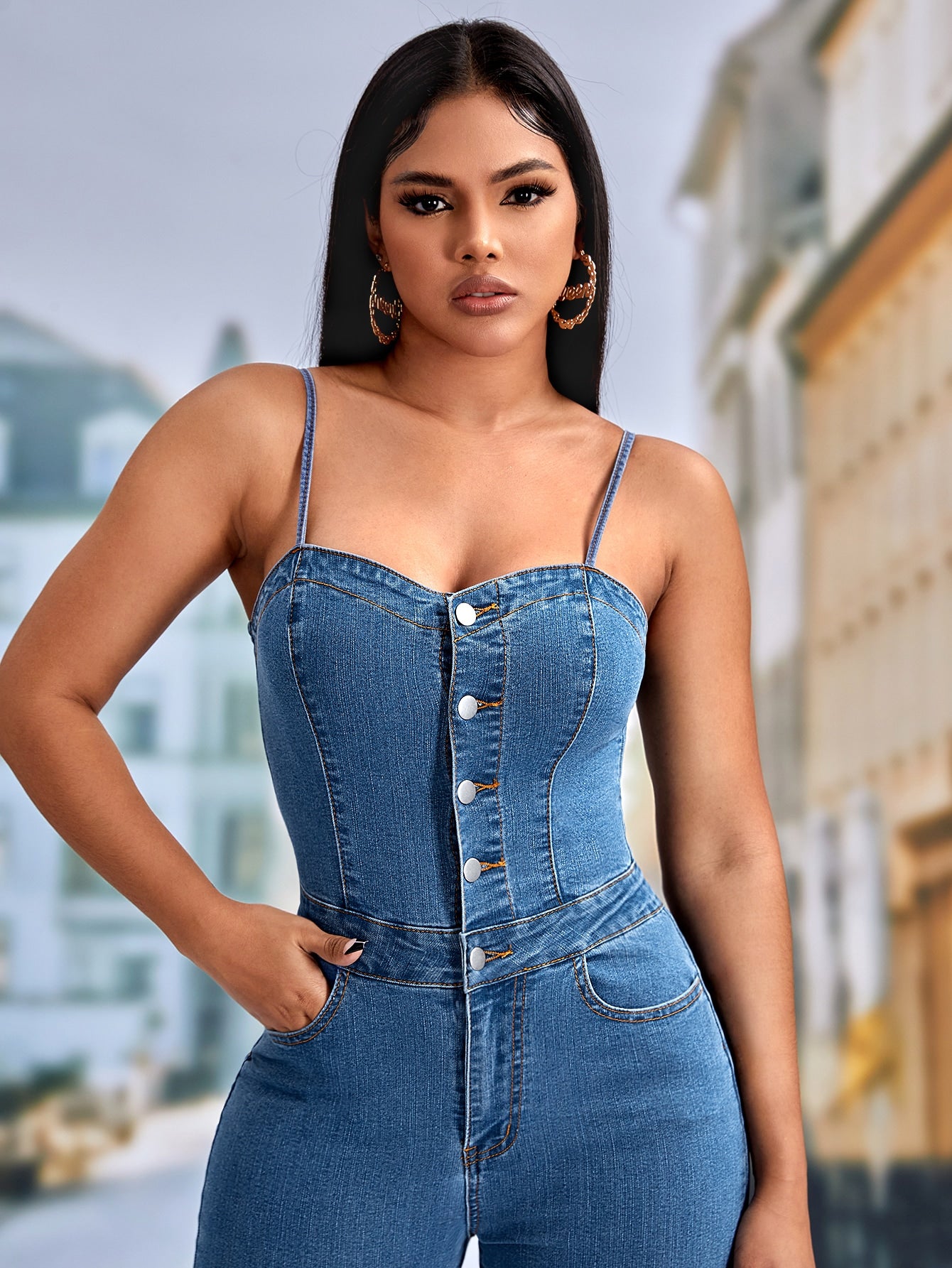 Button Front Cami Denim Jumpsuit