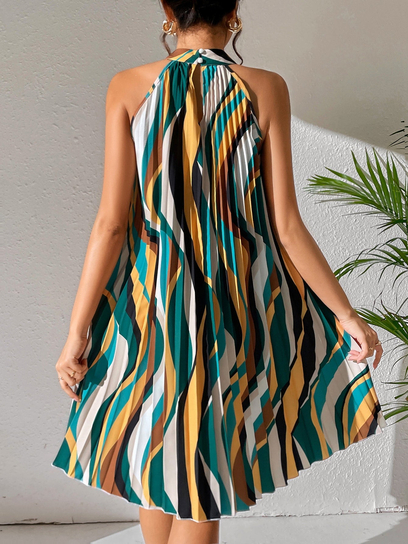 All Over Print Pleated Halter Dress