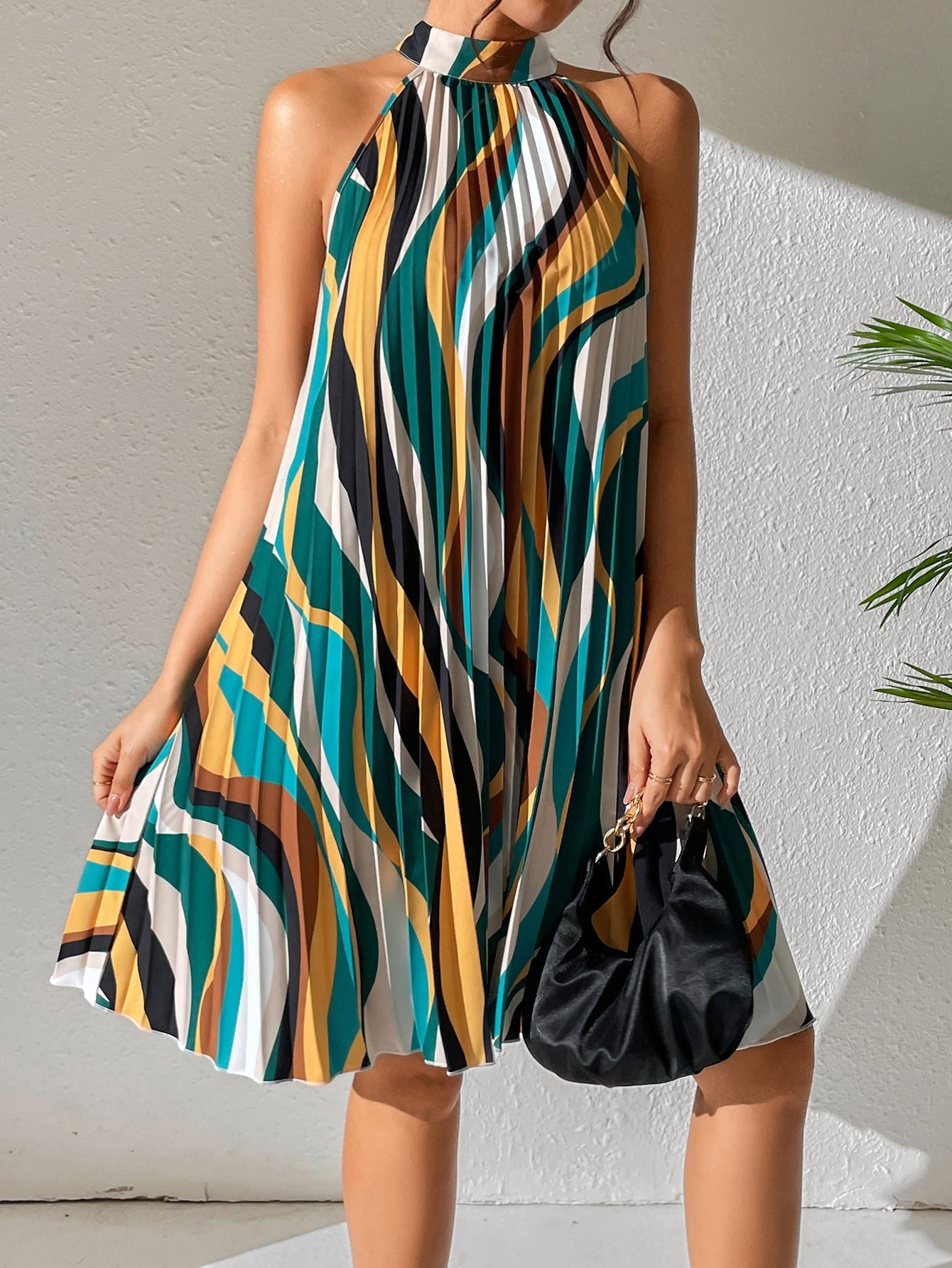 All Over Print Pleated Halter Dress