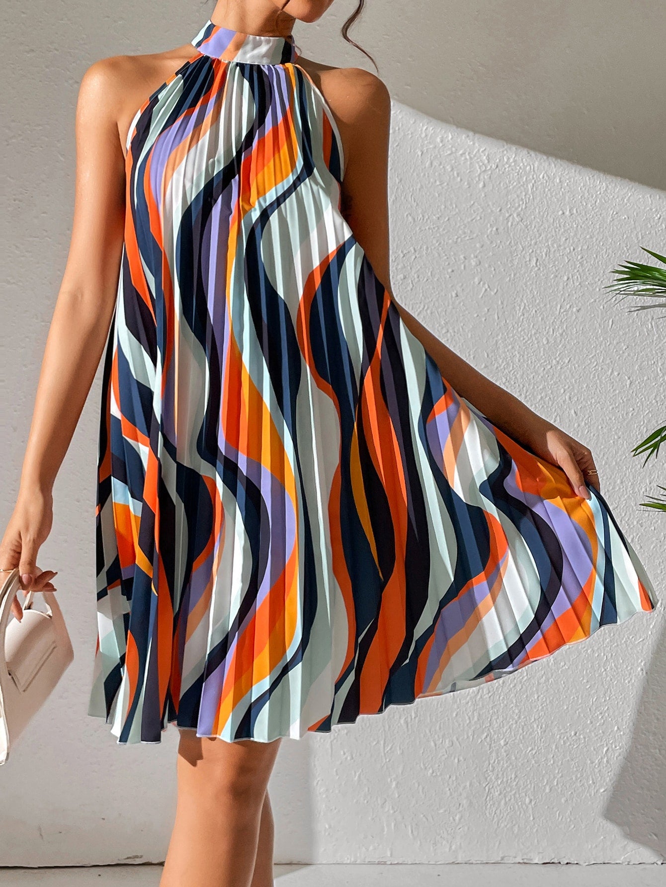 All Over Print Pleated Halter Dress