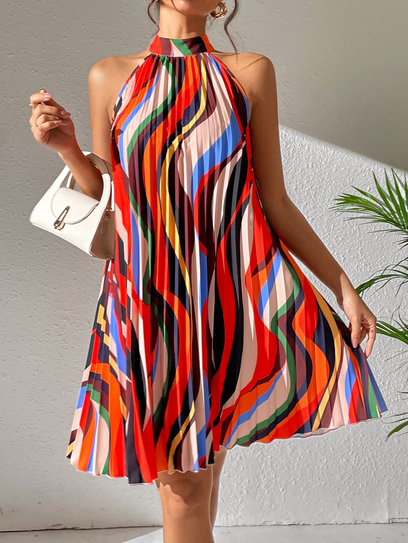 All Over Print Pleated Halter Dress