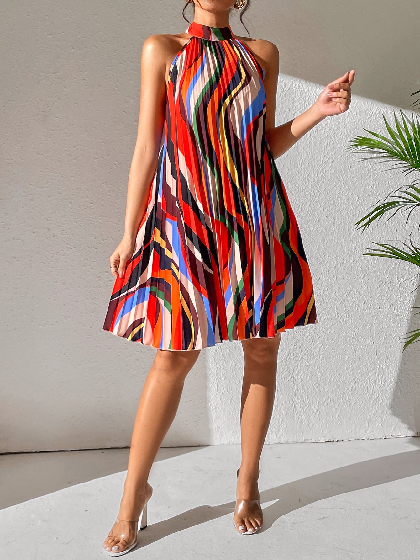 All Over Print Pleated Halter Dress