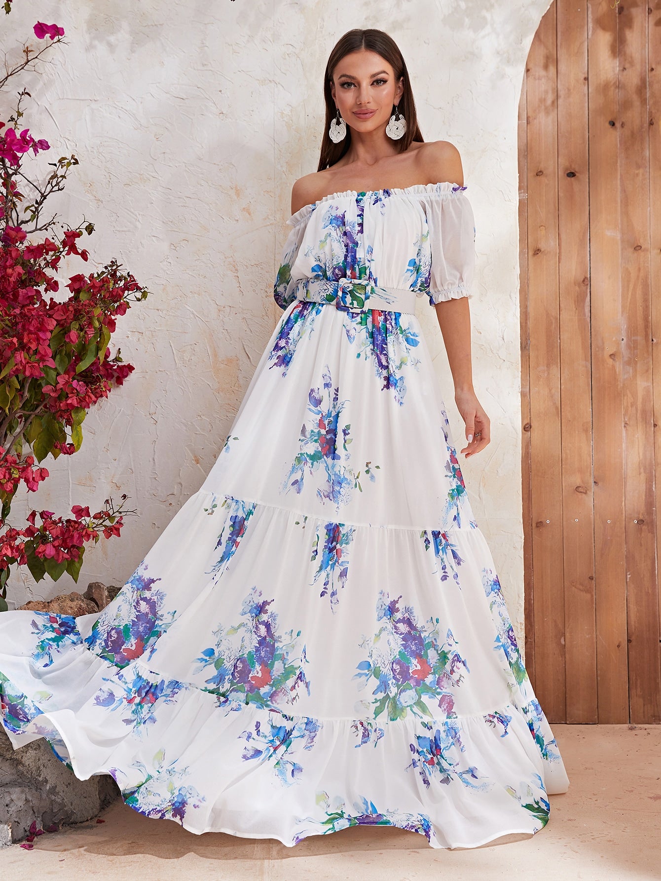 Floral Print Off Shoulder Ruffle Hem Chiffon Dress With Belt