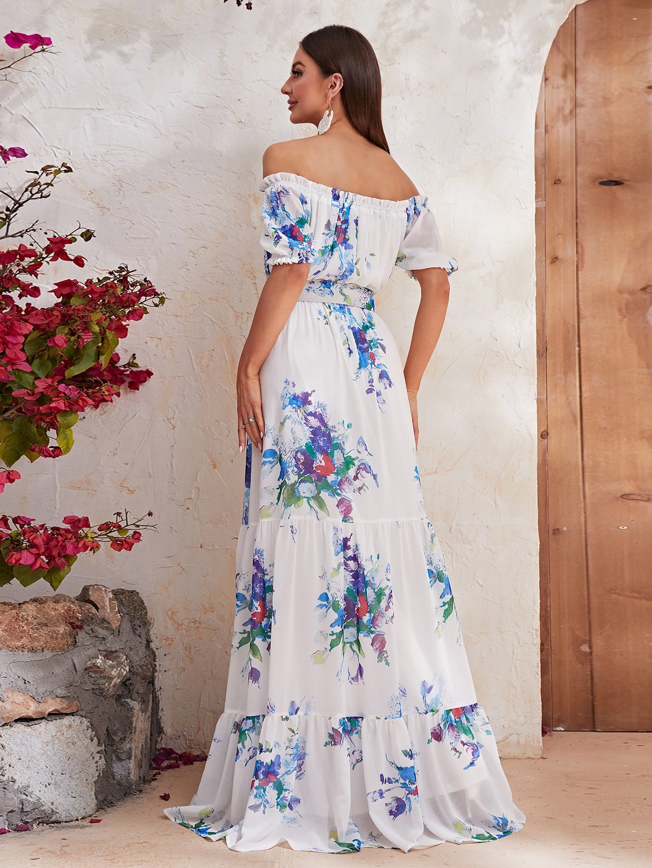 Floral Print Off Shoulder Ruffle Hem Chiffon Dress With Belt
