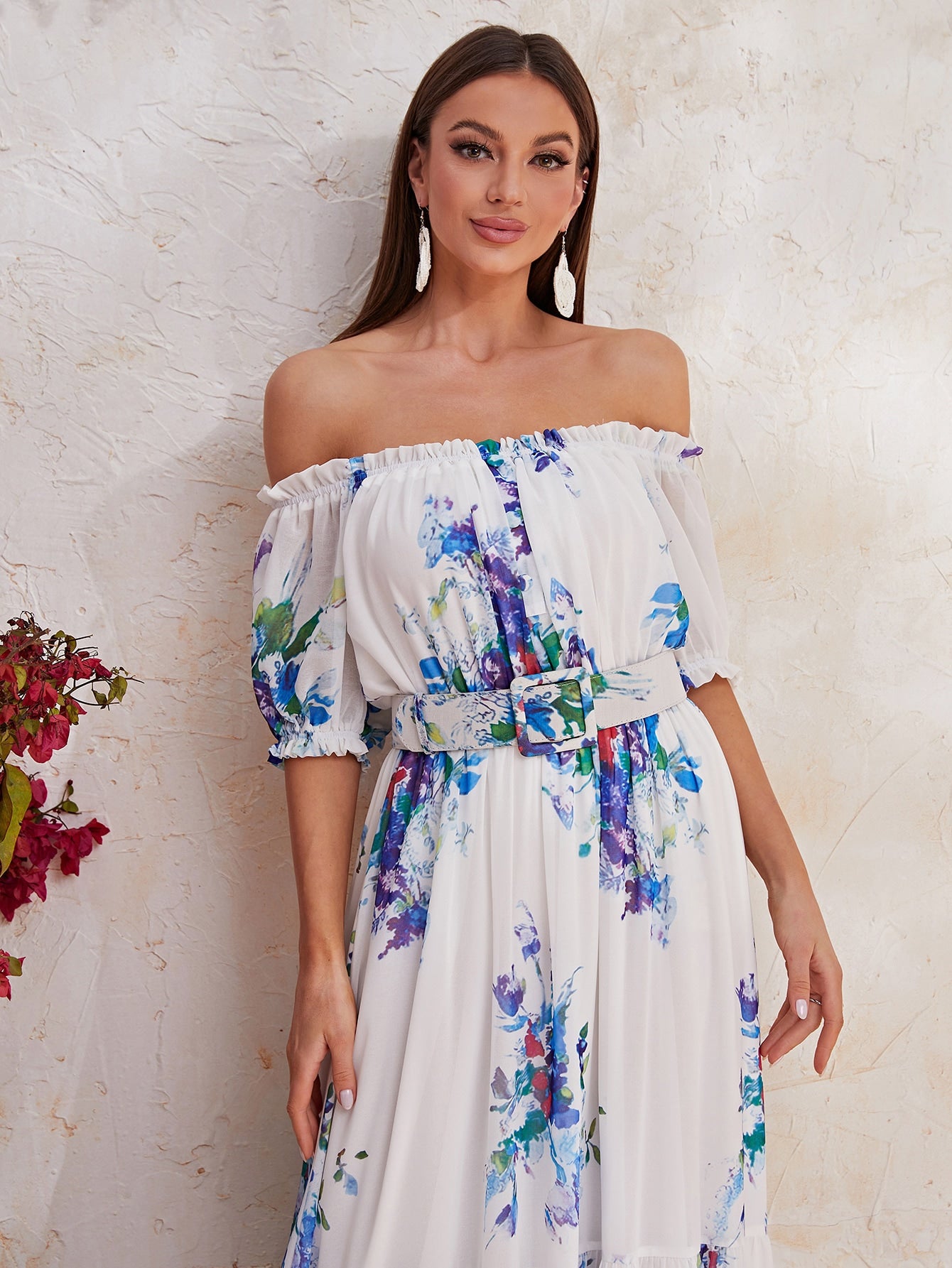 Floral Print Off Shoulder Ruffle Hem Chiffon Dress With Belt