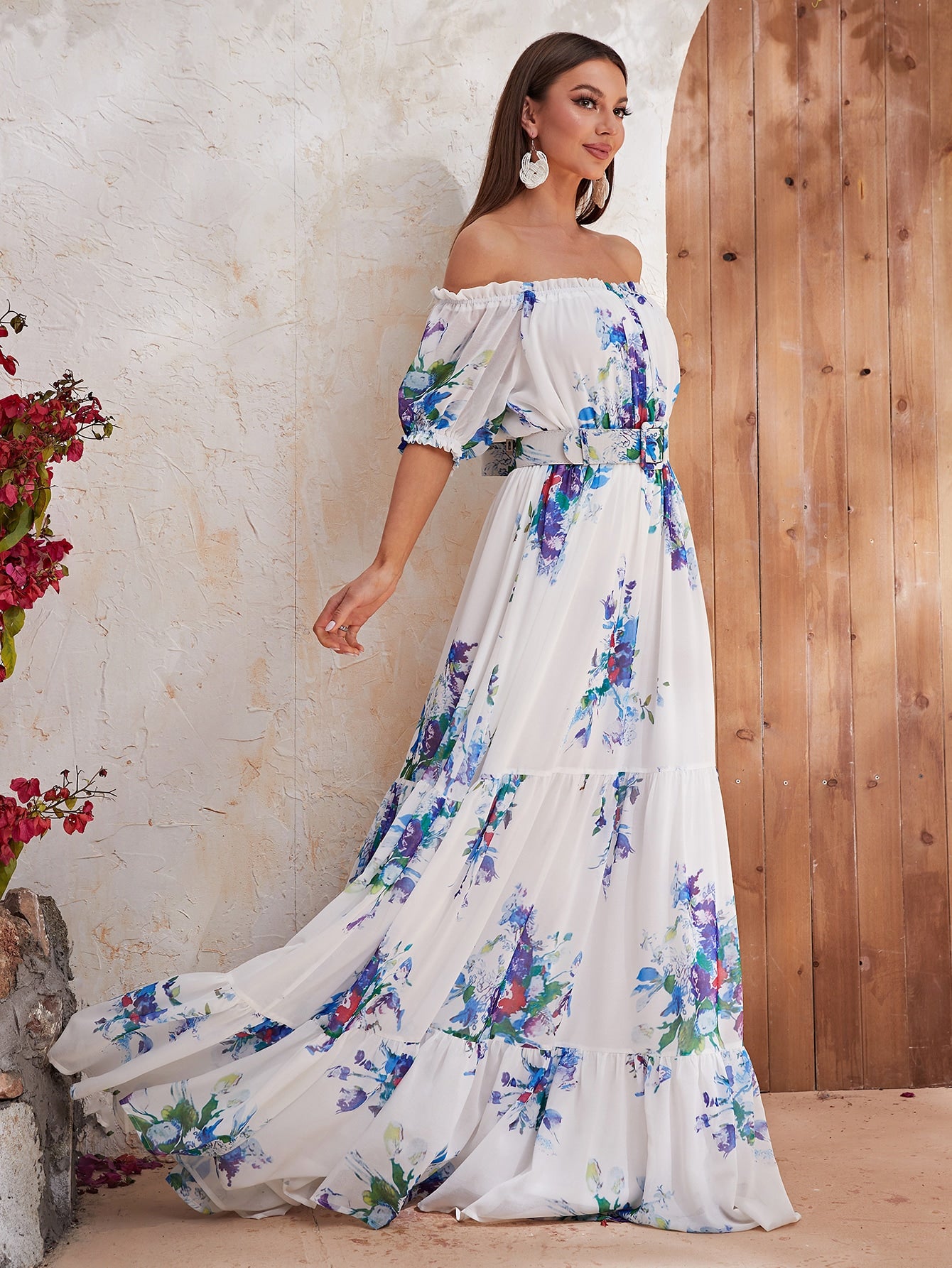 Floral Print Off Shoulder Ruffle Hem Chiffon Dress With Belt