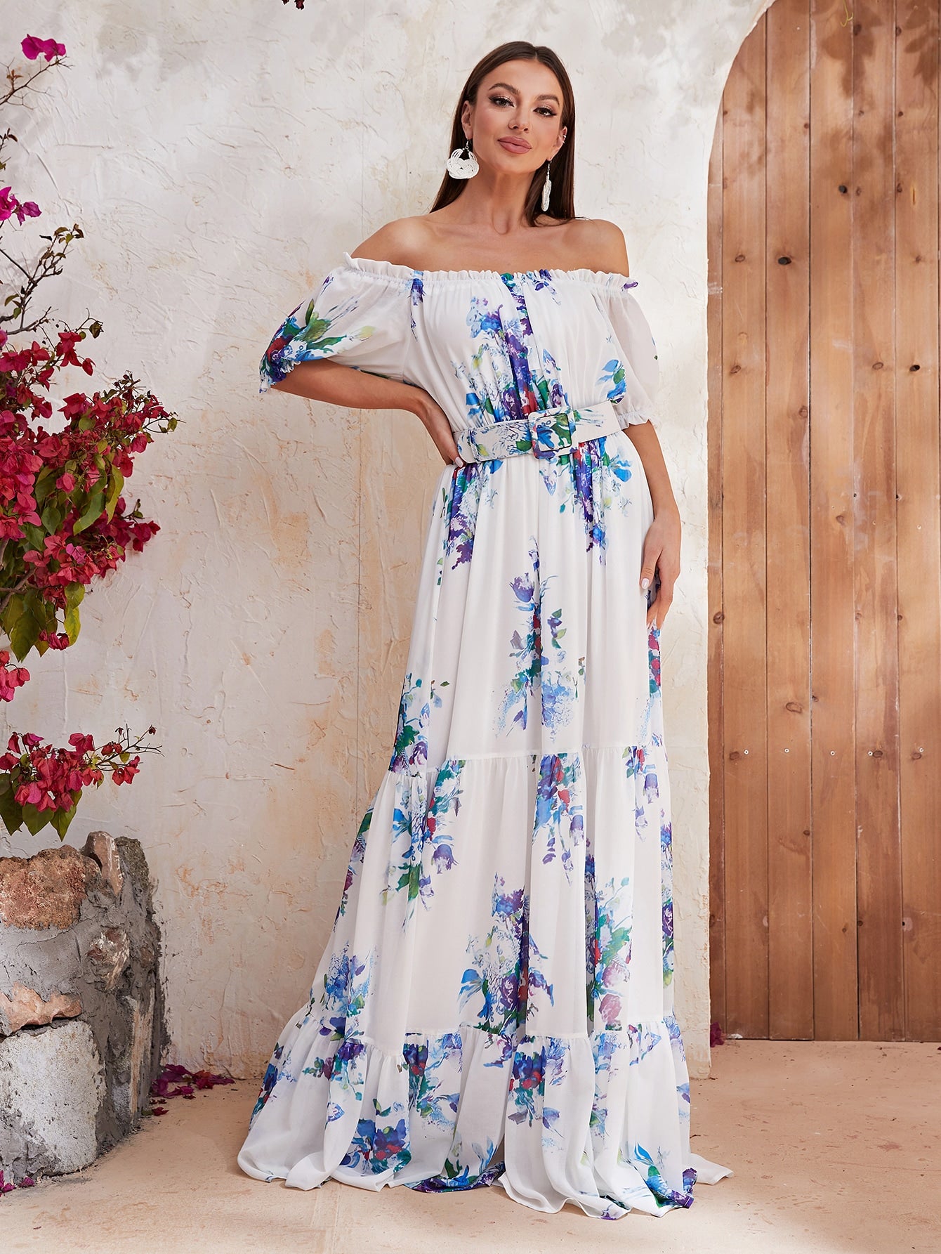 Floral Print Off Shoulder Ruffle Hem Chiffon Dress With Belt