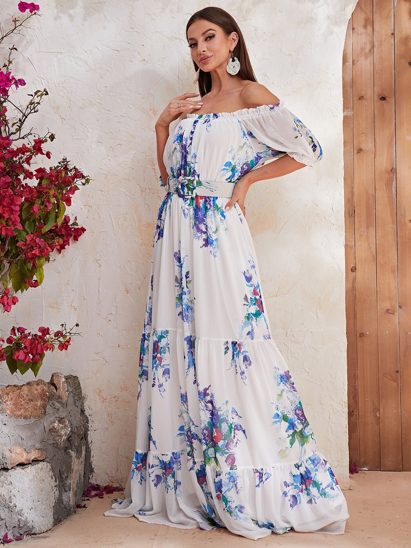 Floral Print Off Shoulder Ruffle Hem Chiffon Dress With Belt