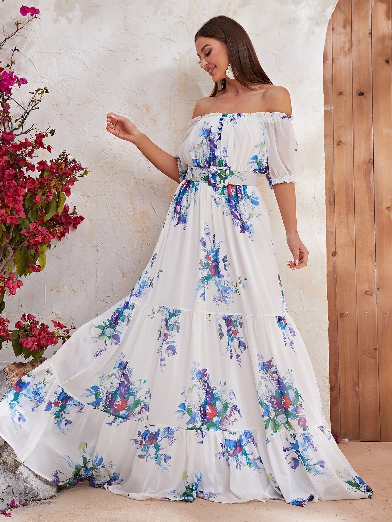 Floral Print Off Shoulder Ruffle Hem Chiffon Dress With Belt