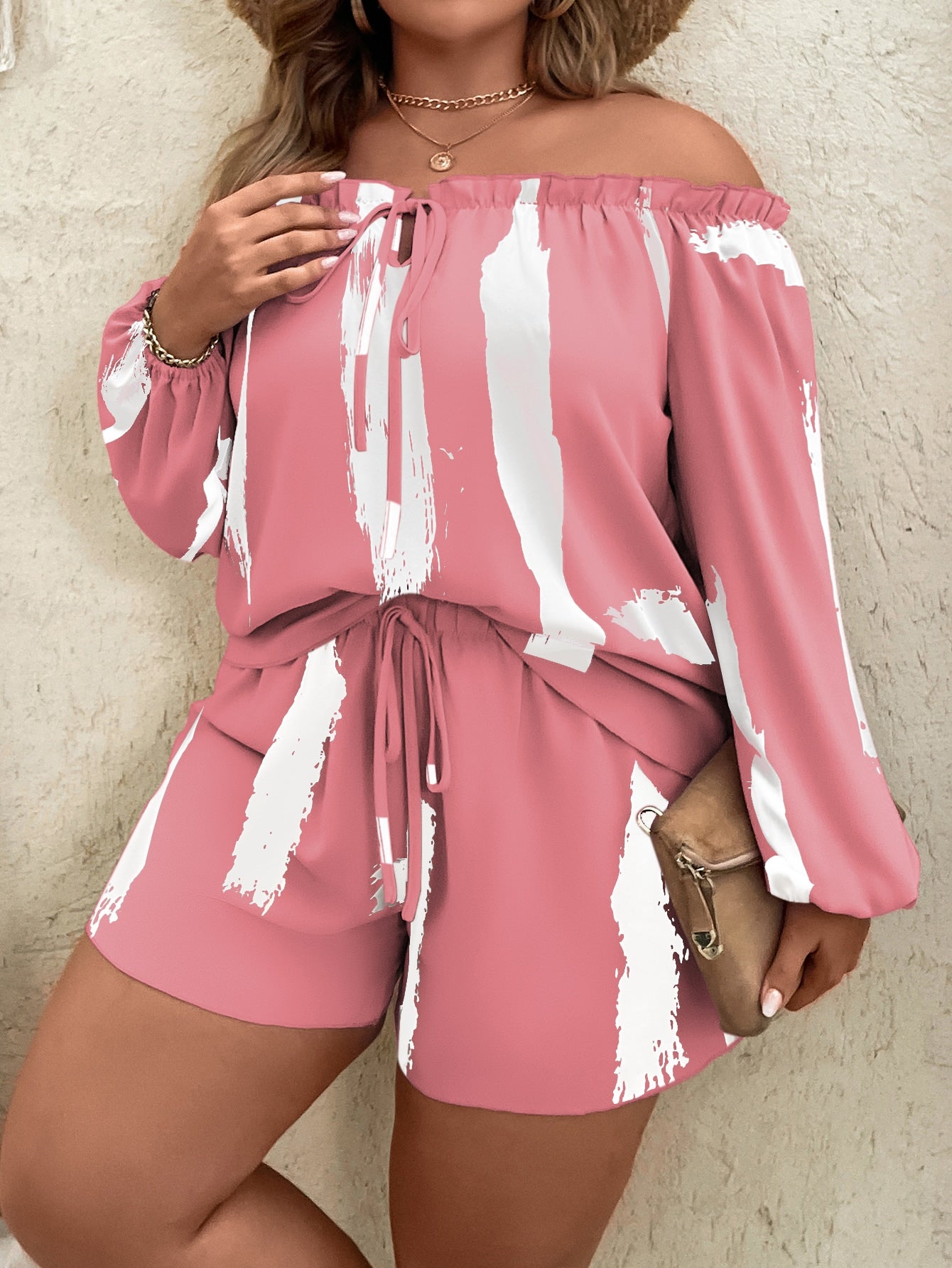Plus Brush Print Off Shoulder Lantern Sleeve Top Shorts
