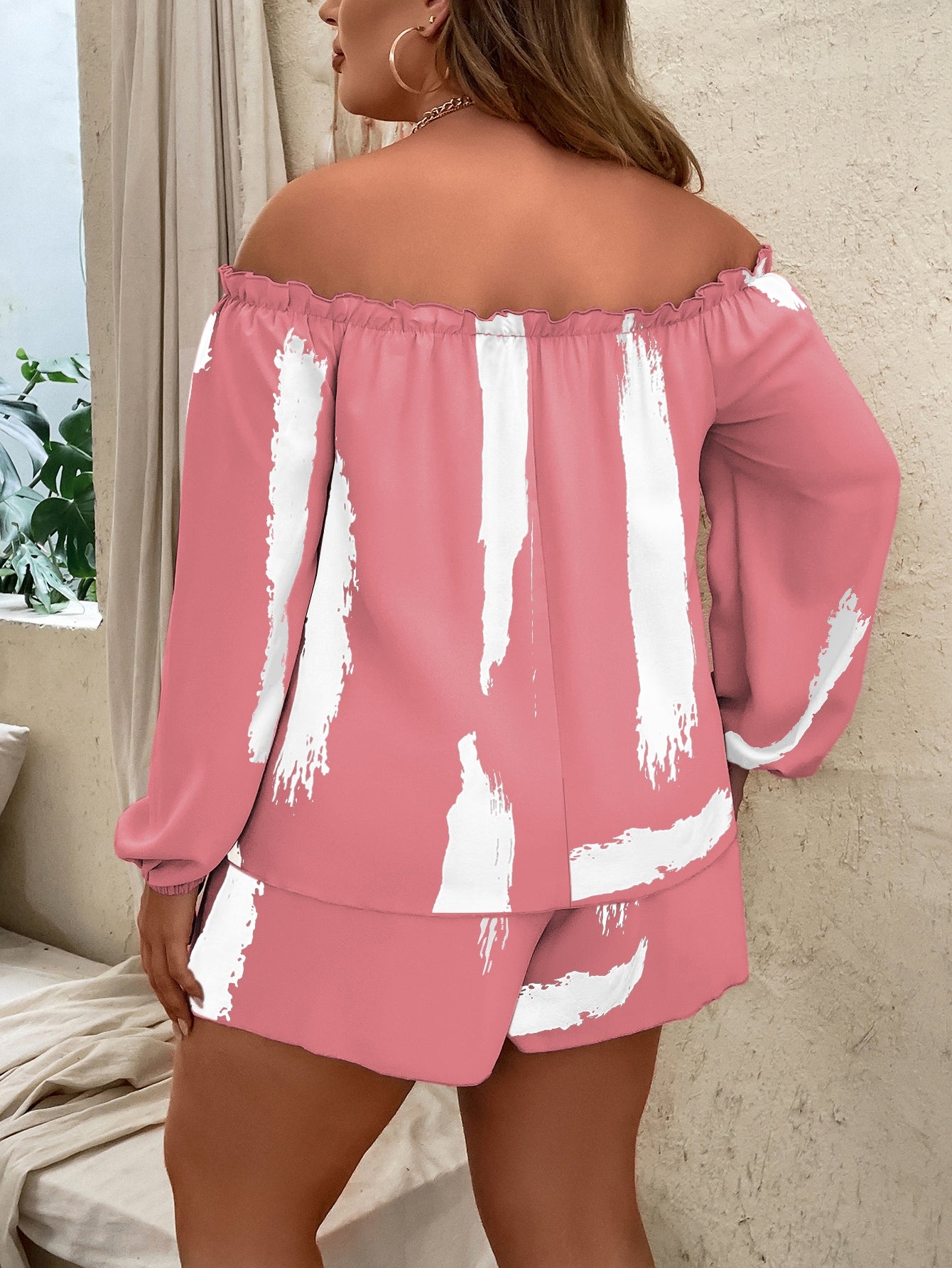 Plus Brush Print Off Shoulder Lantern Sleeve Top Shorts
