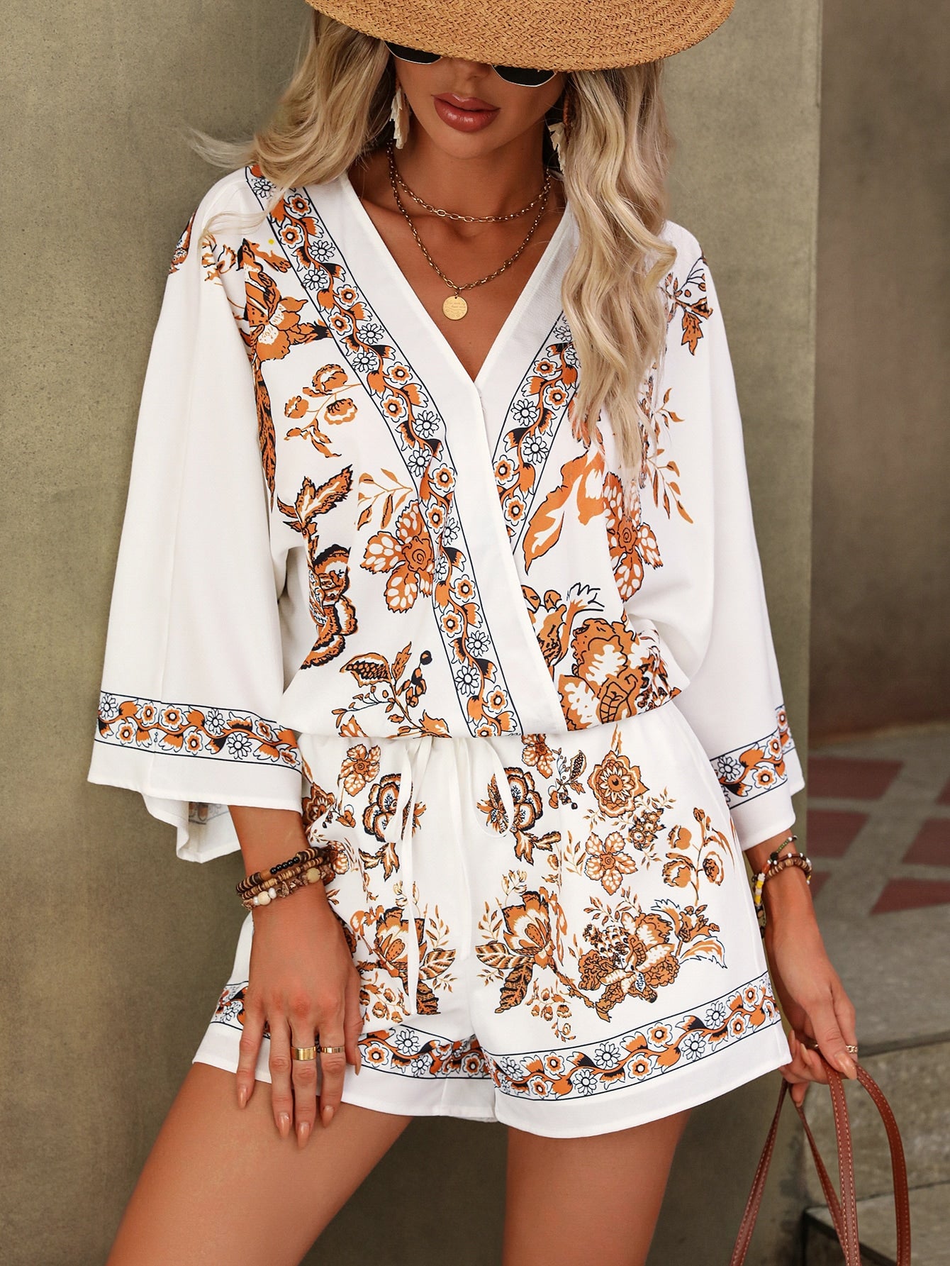 Floral Print Drop Shoulder Blouse Shorts