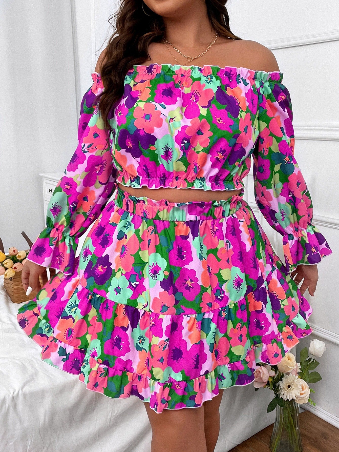 Plus Floral Print Off Shoulder Flounce Sleeve Top Ruffle Hem Skirt