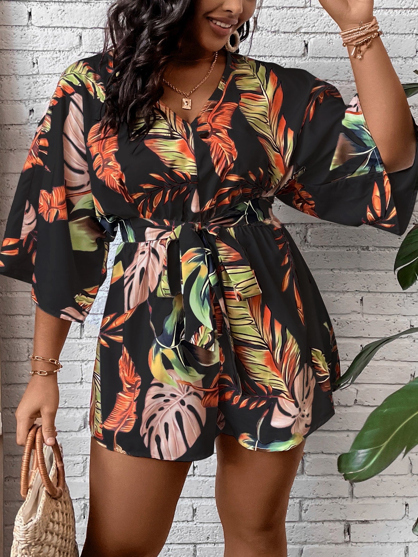 Plus Tropical Print Belted Romper
