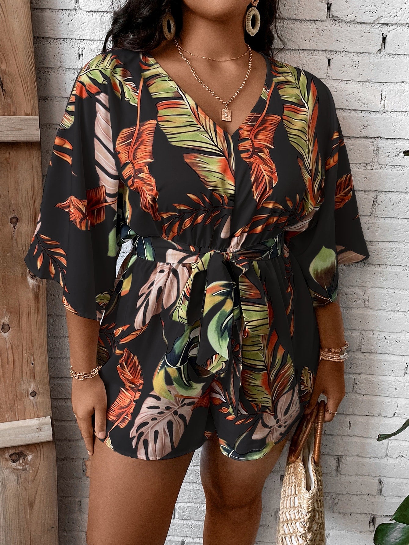 Plus Tropical Print Belted Romper