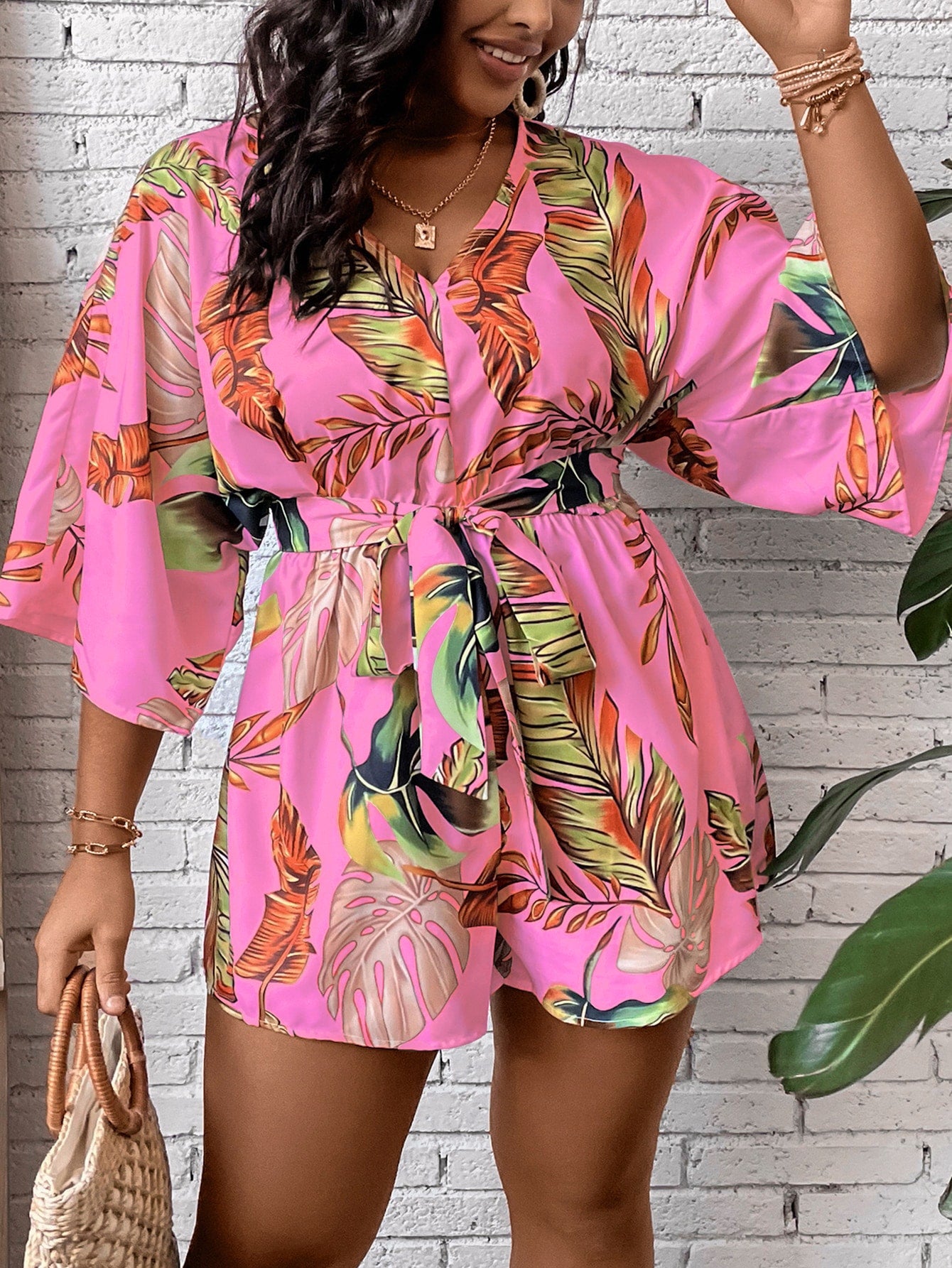 Plus Tropical Print Belted Romper