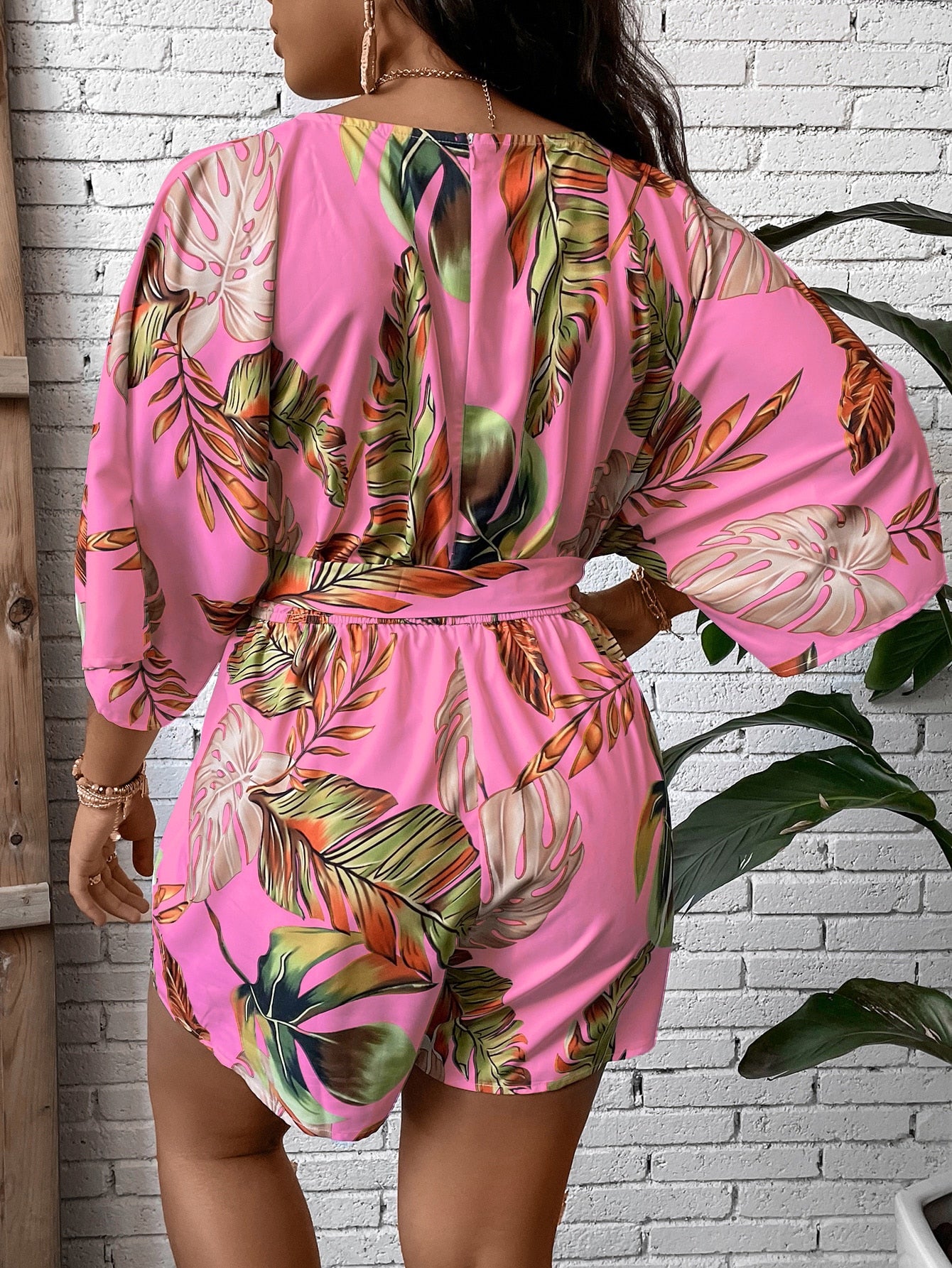 Plus Tropical Print Belted Romper