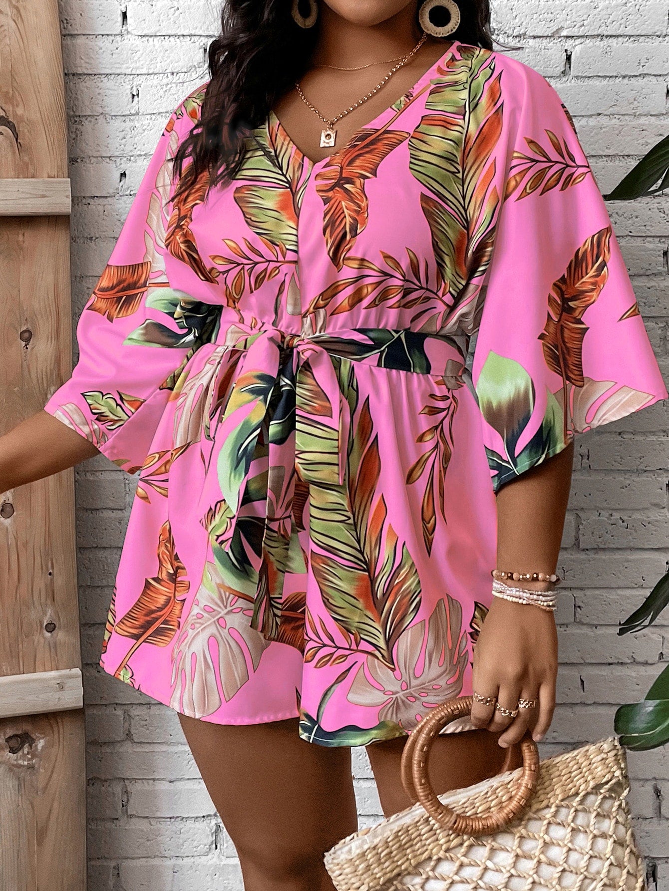 Plus Tropical Print Belted Romper