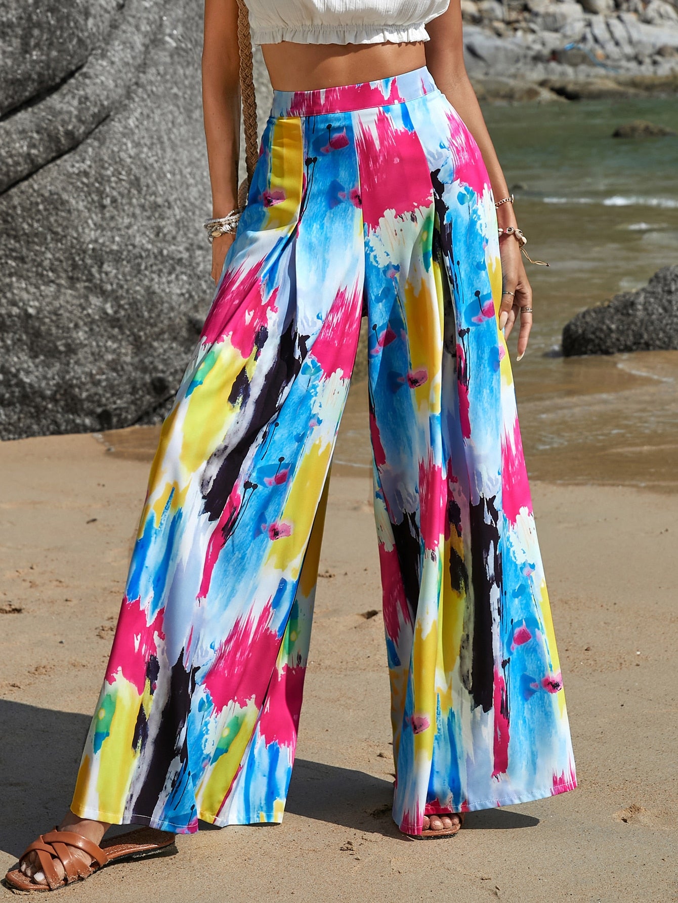 Brush Print Wide Leg Pants