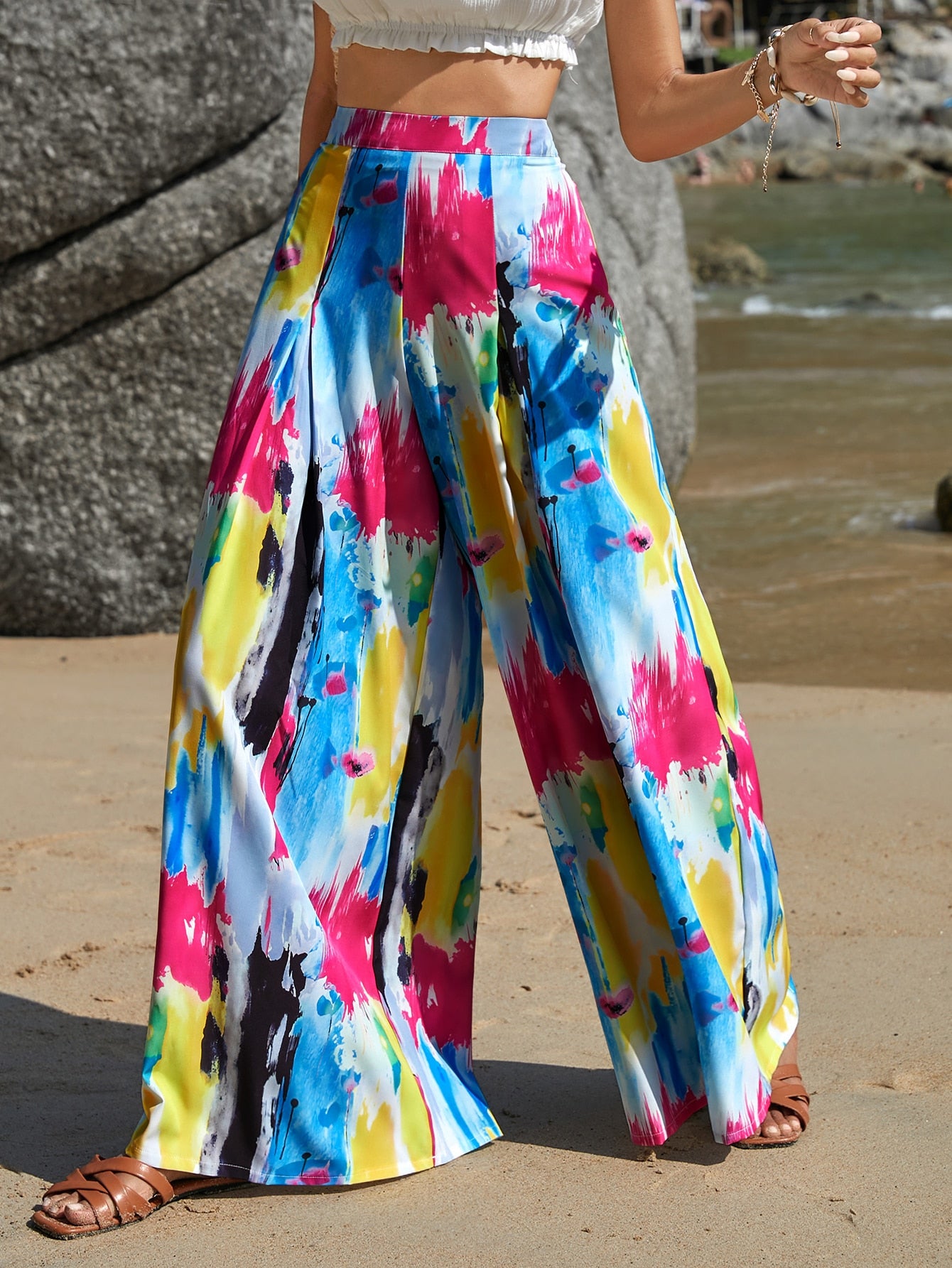 Brush Print Wide Leg Pants