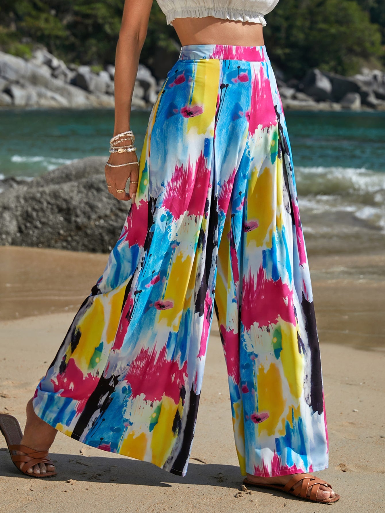 Brush Print Wide Leg Pants