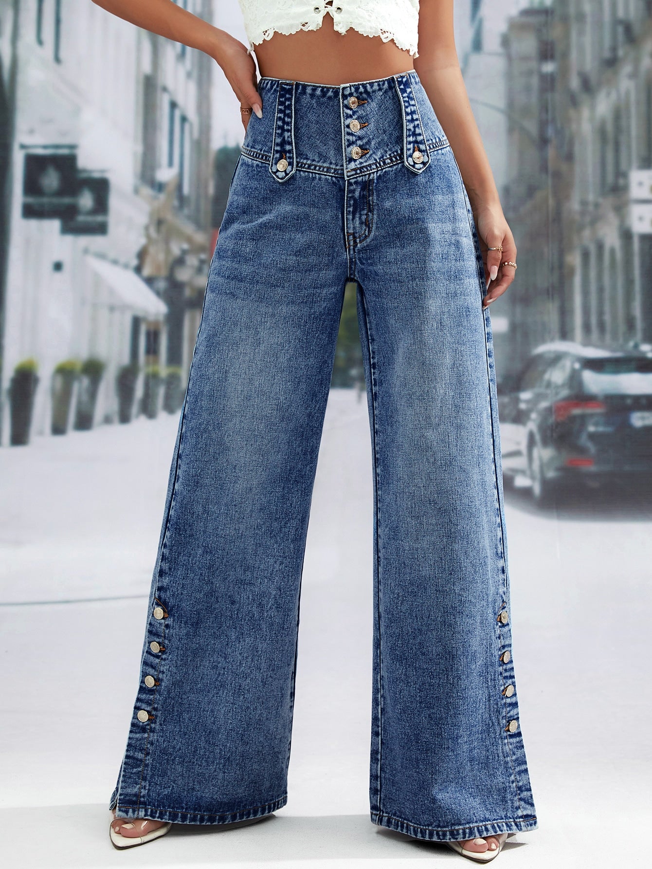 High Waist Button Fly Wide Leg Jeans