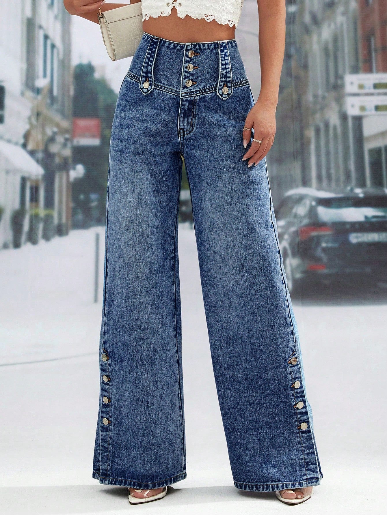 High Waist Button Fly Wide Leg Jeans