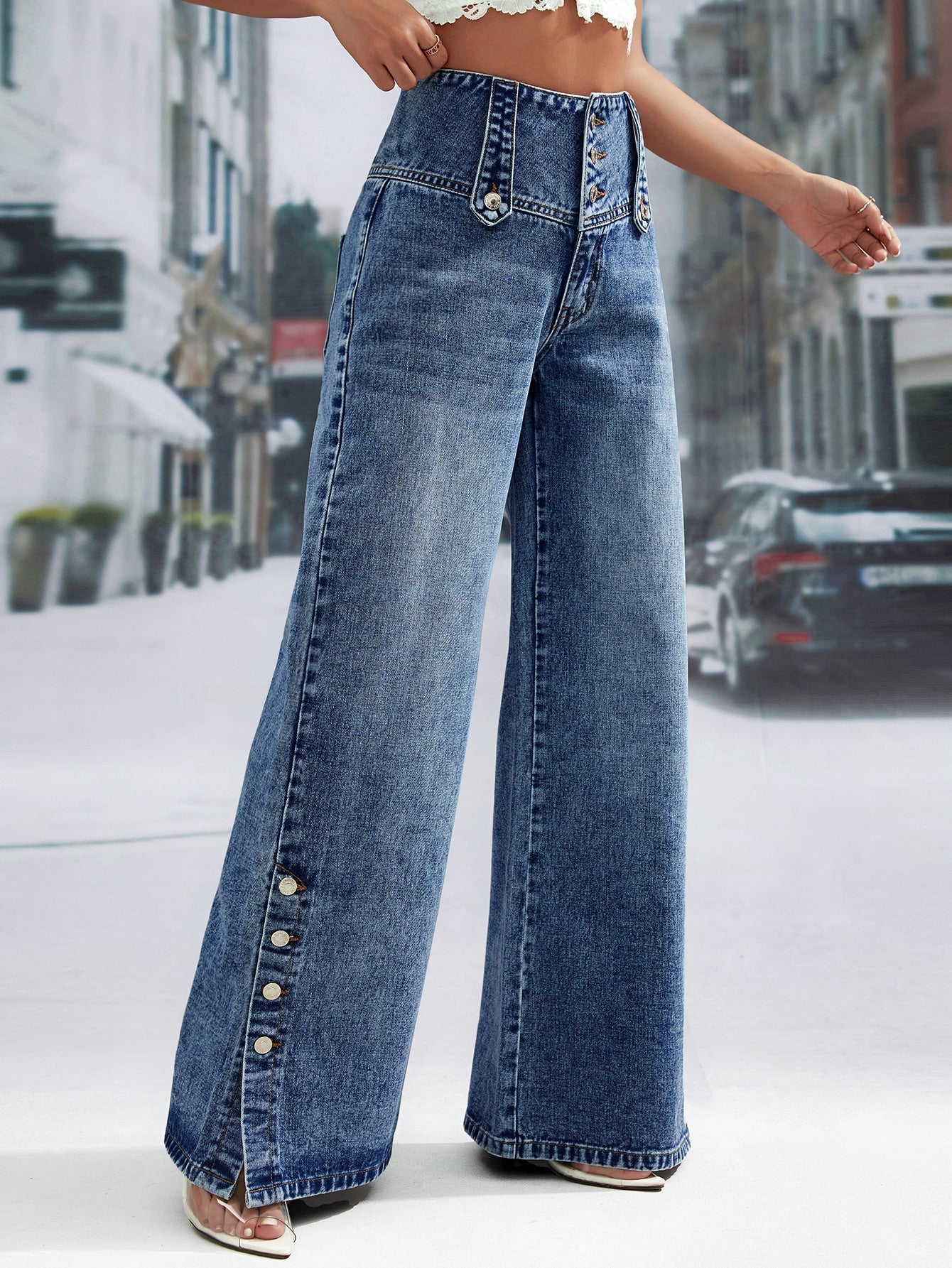 High Waist Button Fly Wide Leg Jeans