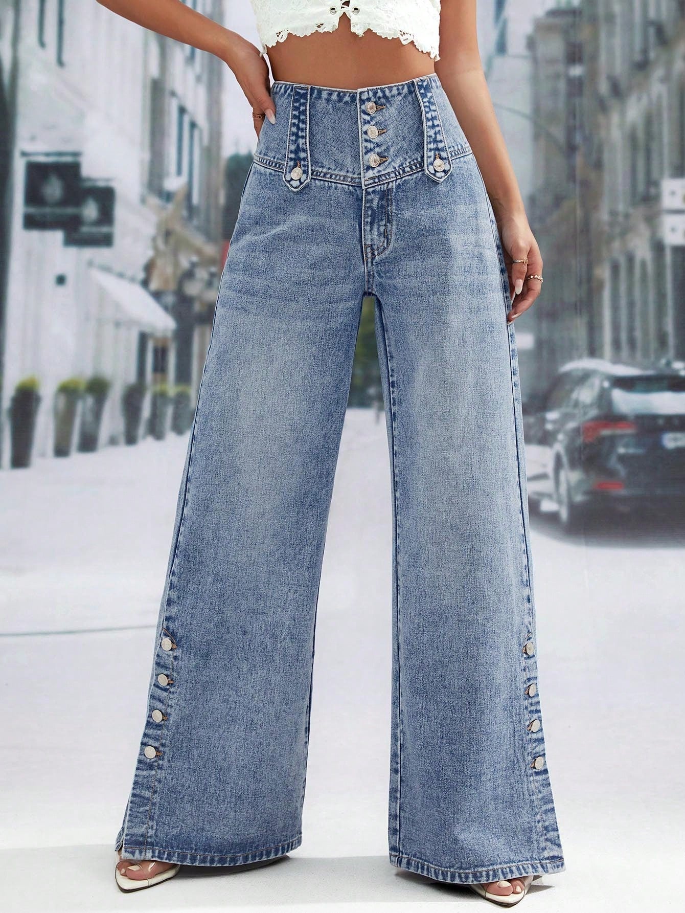 High Waist Button Fly Wide Leg Jeans