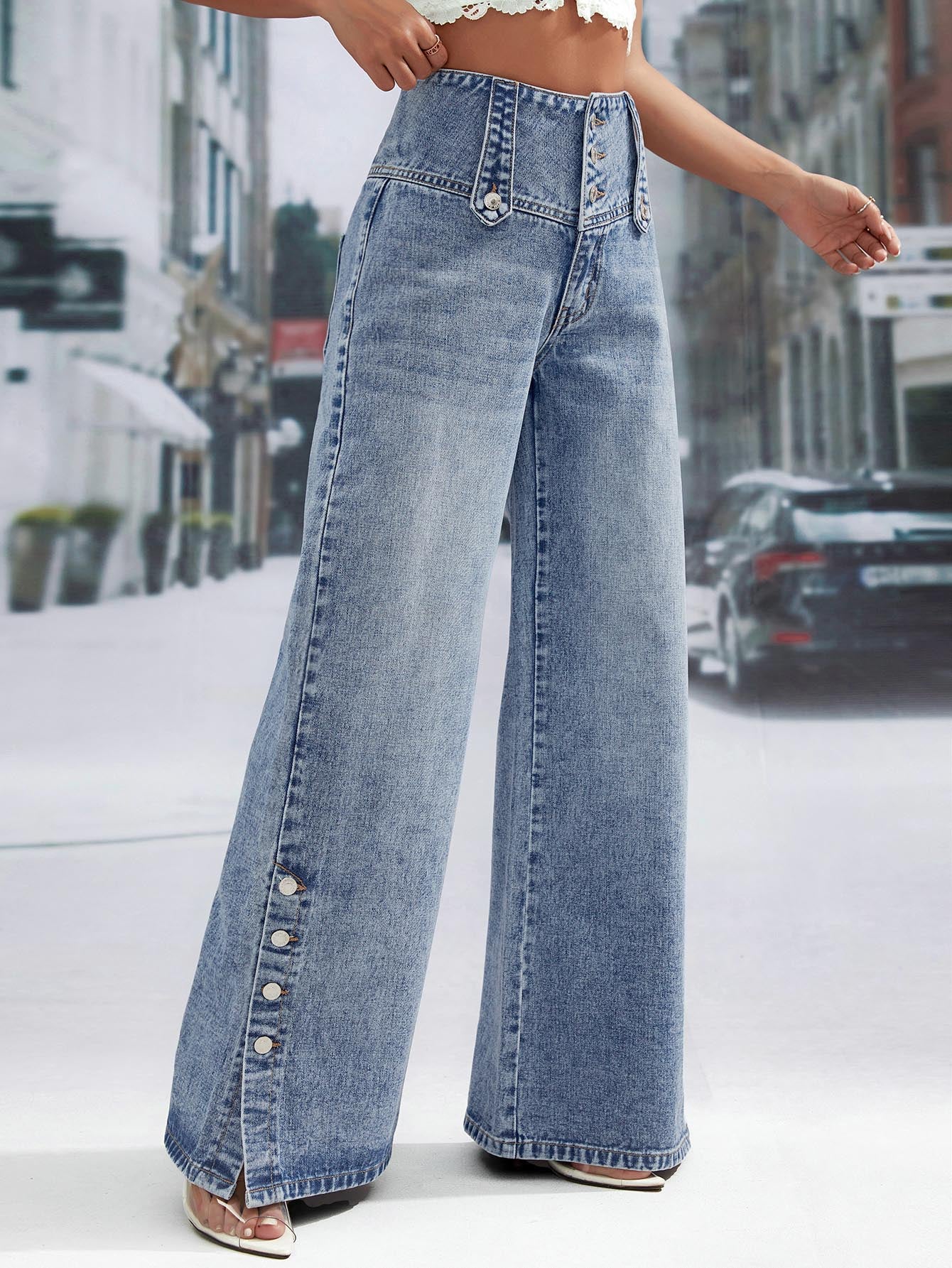 High Waist Button Fly Wide Leg Jeans