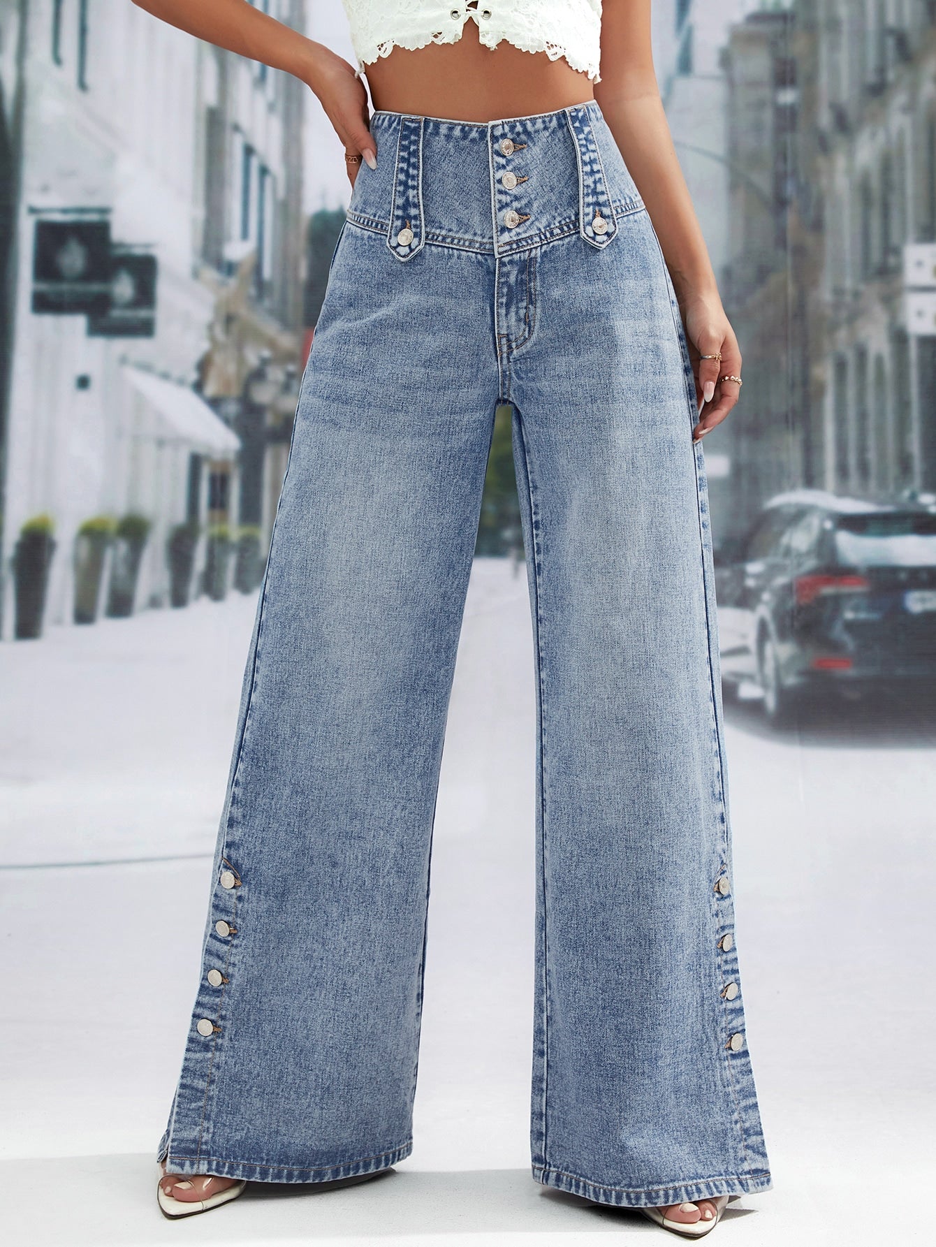 High Waist Button Fly Wide Leg Jeans