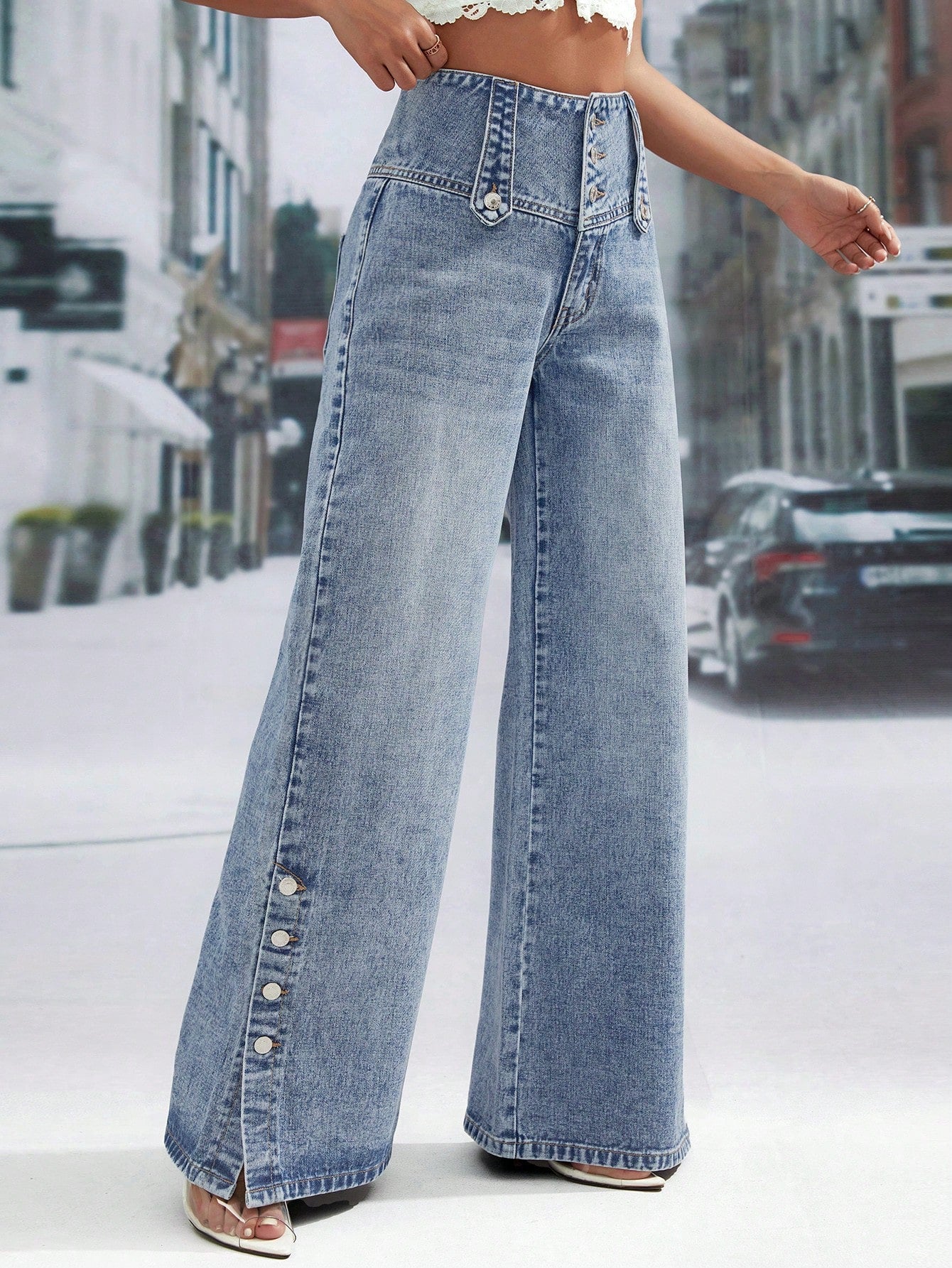High Waist Button Fly Wide Leg Jeans