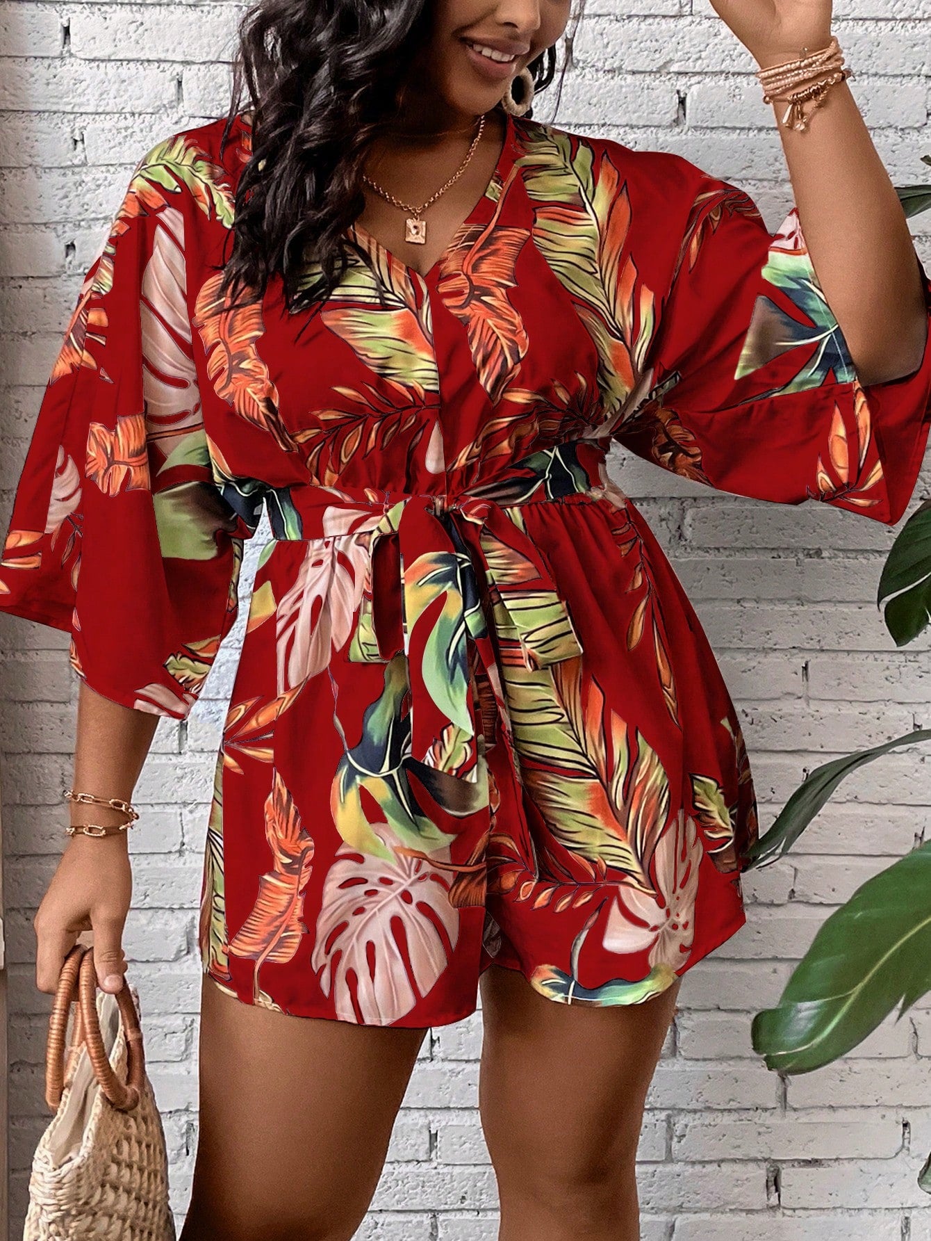 Plus Tropical Print Belted Romper