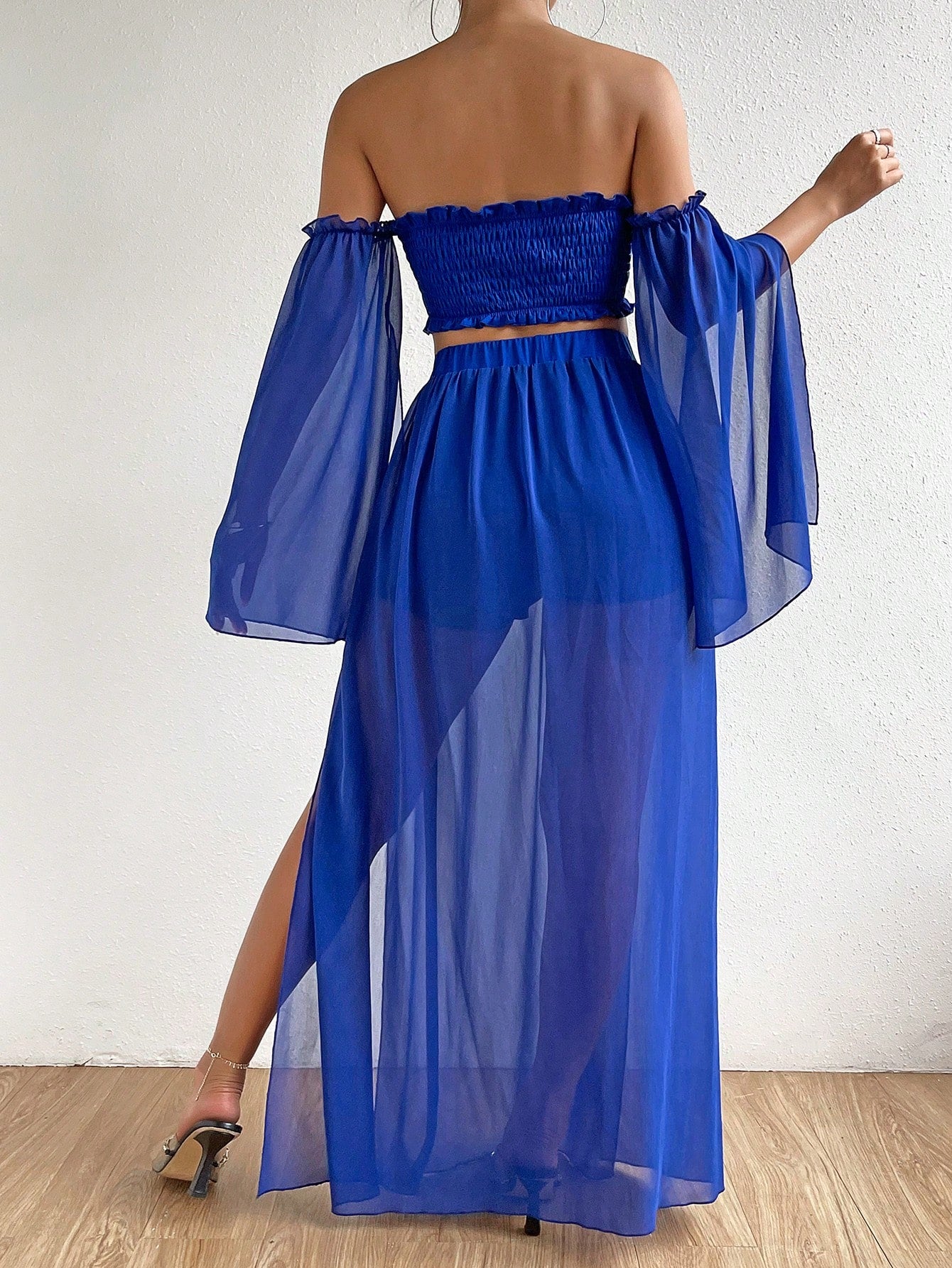 VCAY Contrast Mesh Off Shoulder Crop Top & Split Thigh Skirt