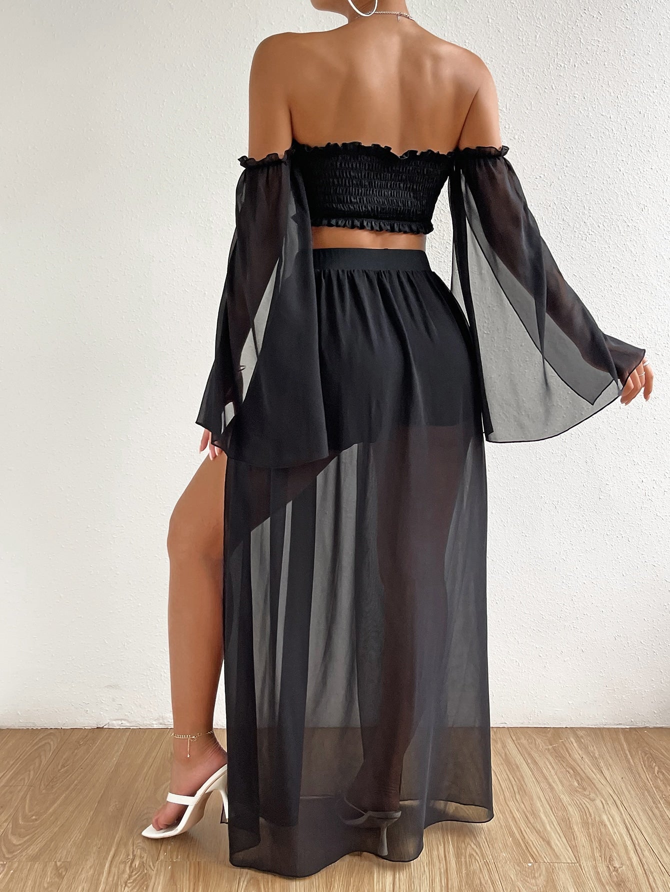 VCAY Contrast Mesh Off Shoulder Crop Top & Split Thigh Skirt