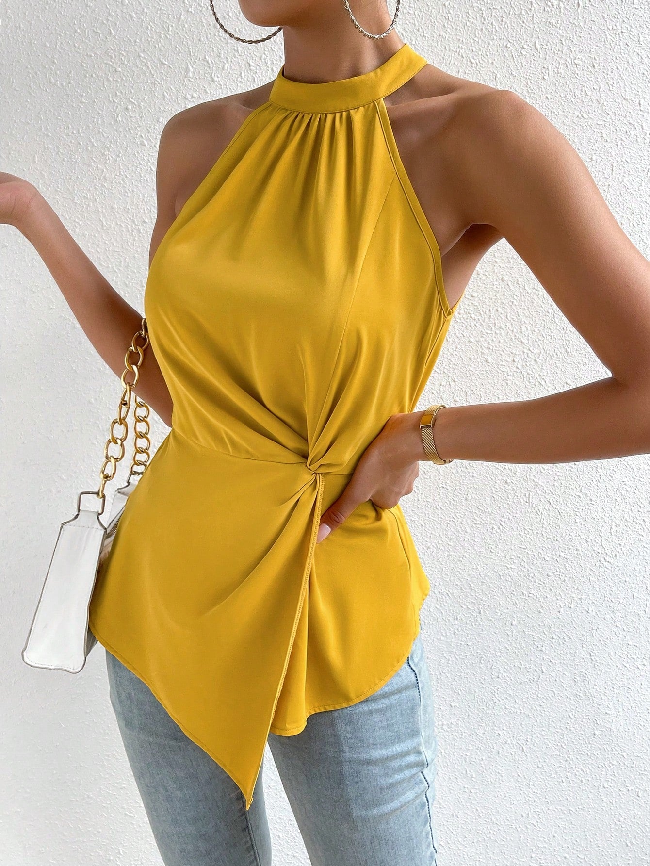 Twist Front Asymmetrical Hem Halter Neck Blouse