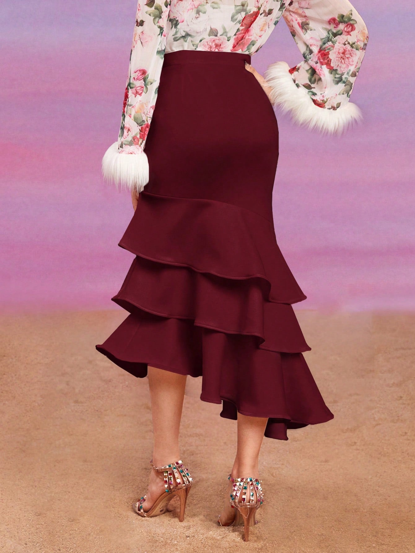 Modely High Waist Ruffle Trim Mermaid Hem Skirt Without Belt