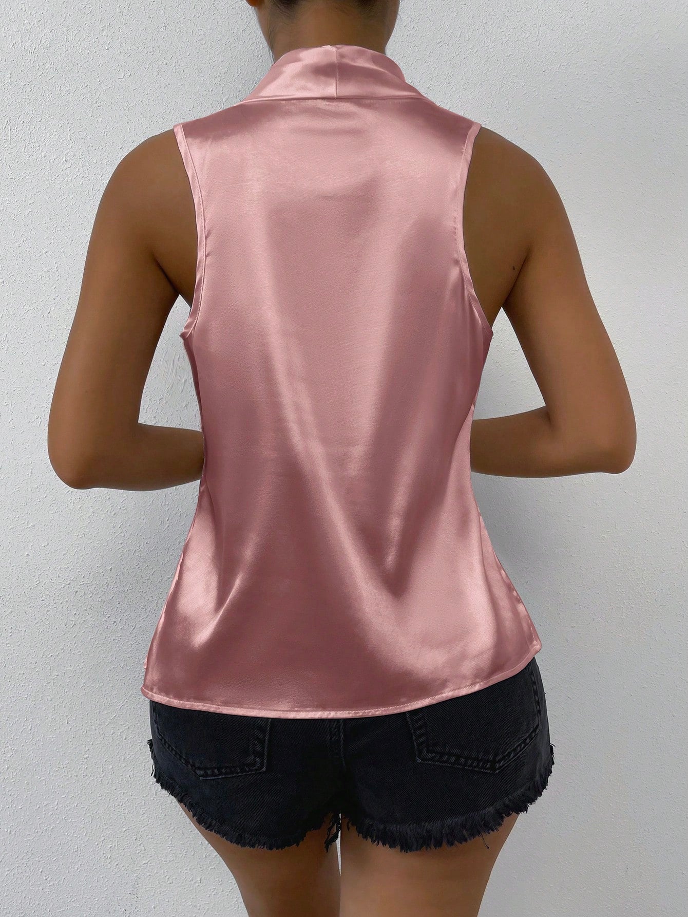 Solid Draped Collar Satin Blouse