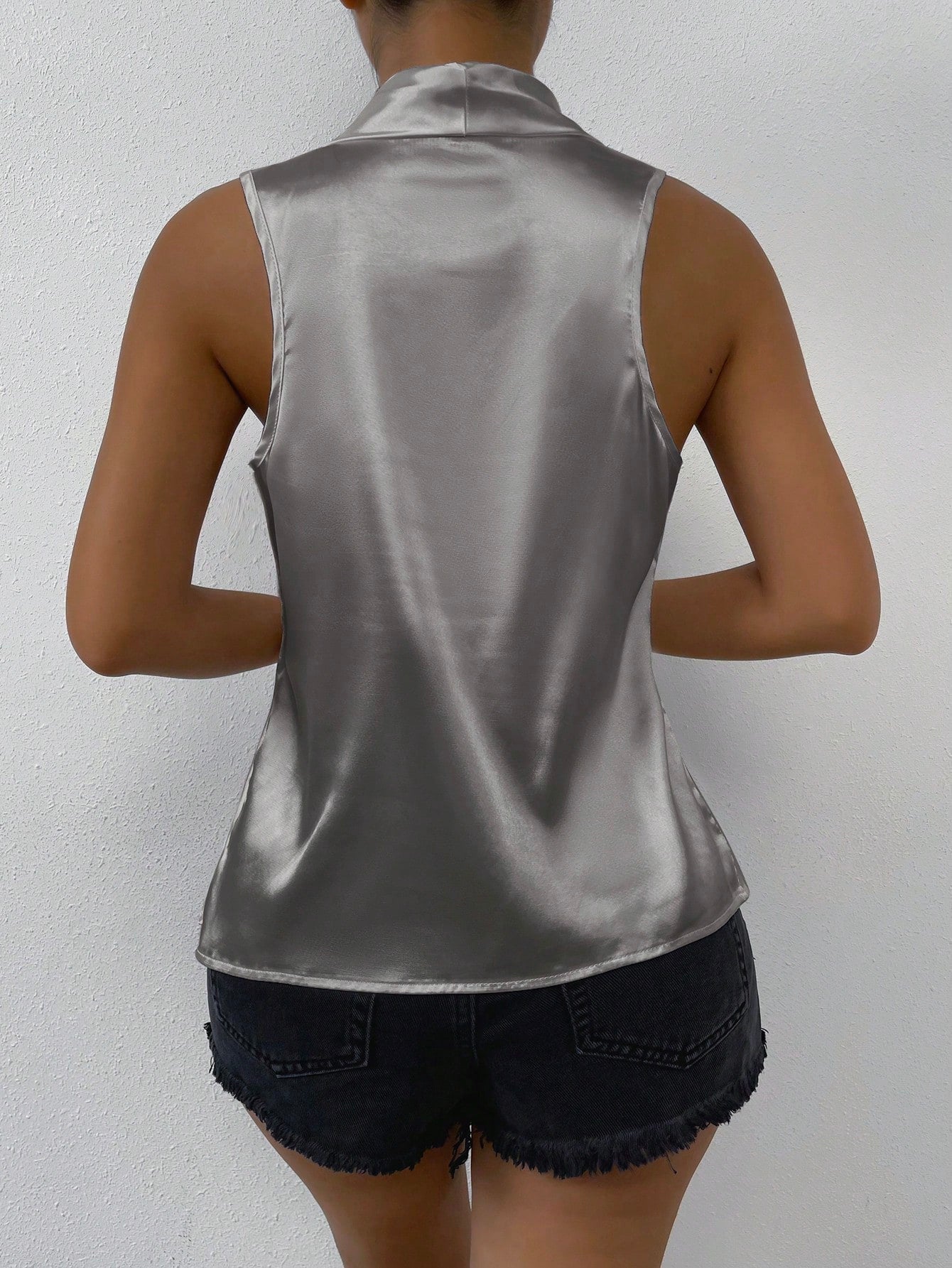 Solid Draped Collar Satin Blouse