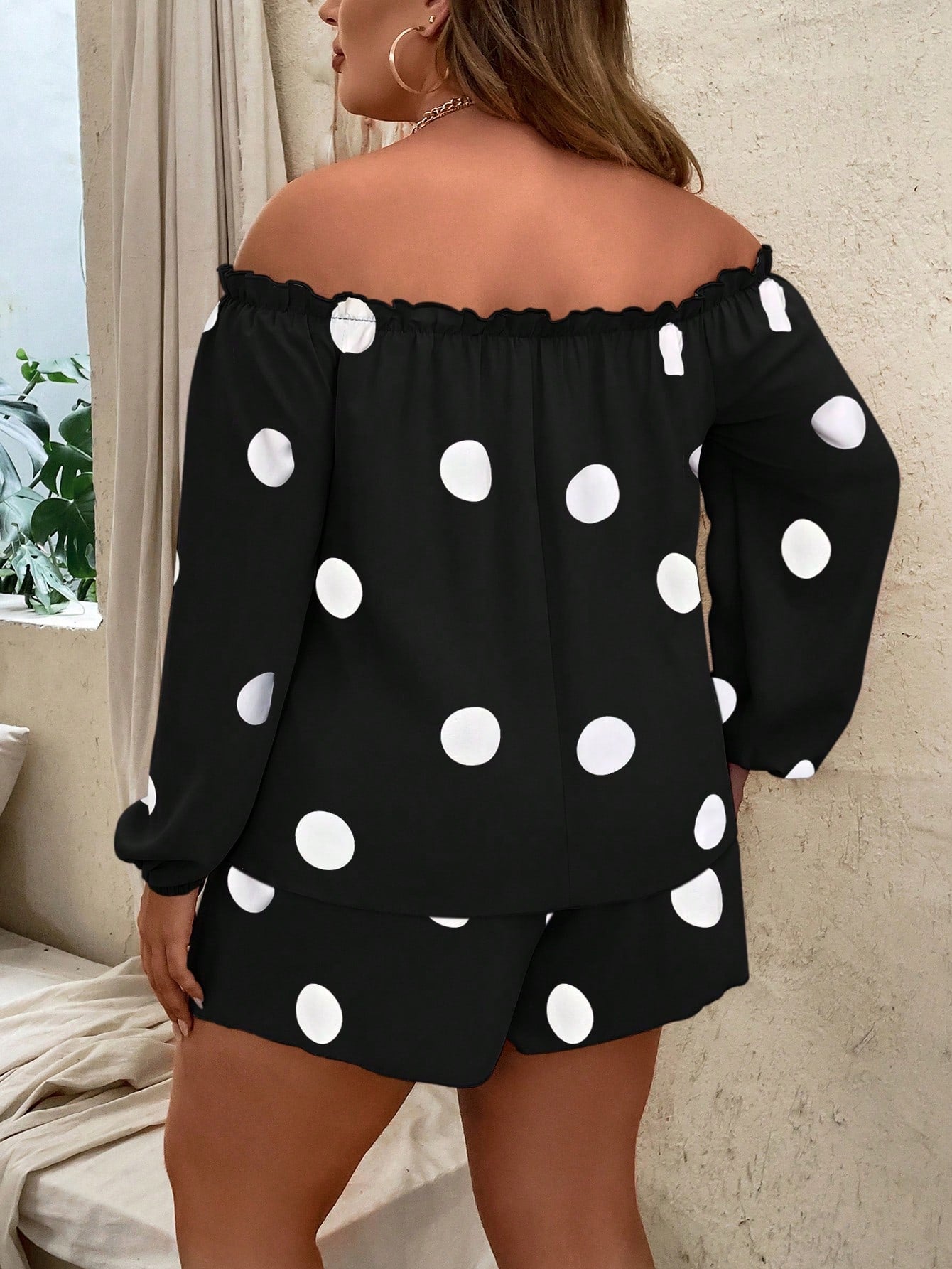 Plus Polka Dot Print Off Shoulder Lantern Sleeve Blouse Tie Front Shorts
