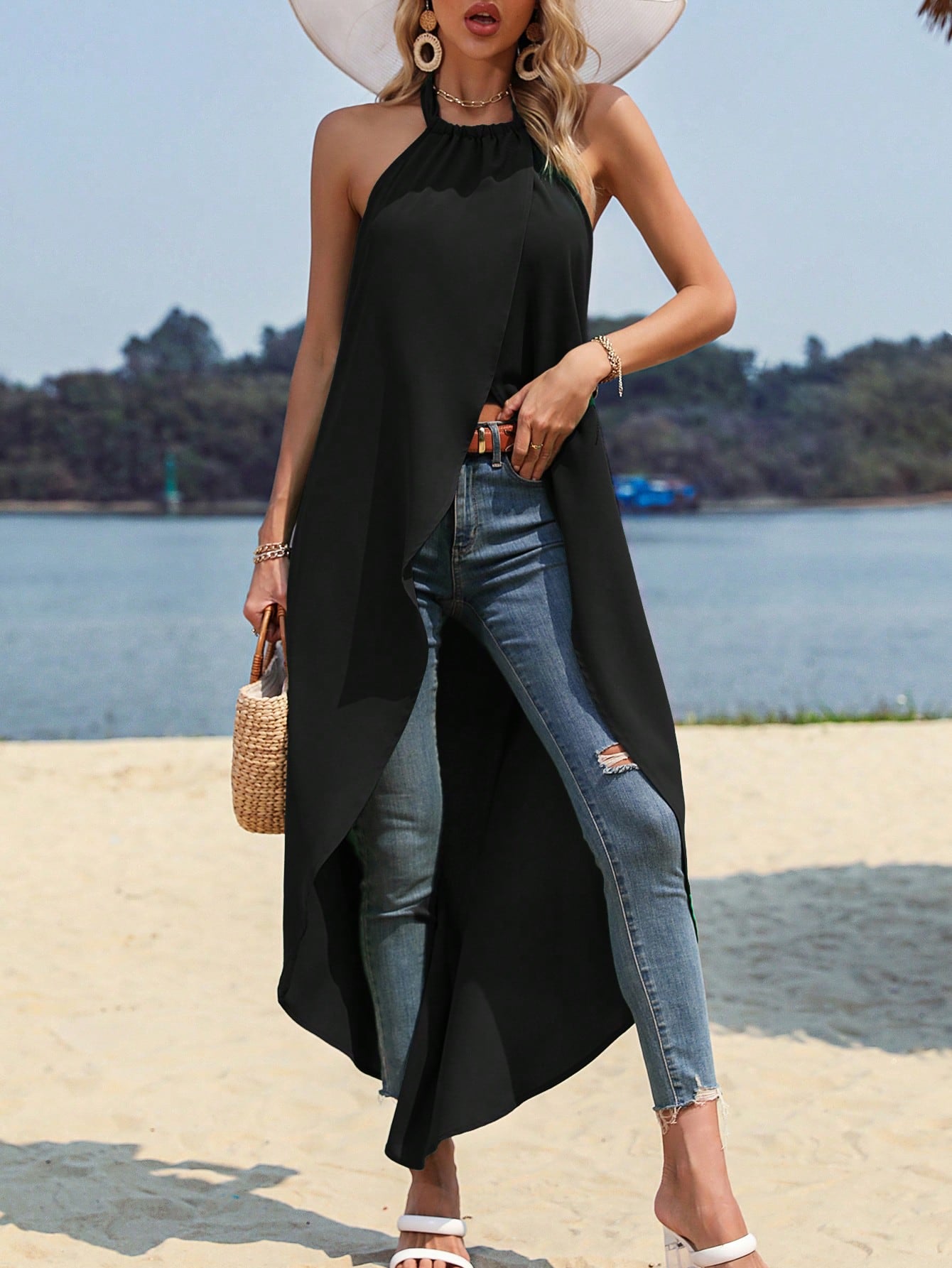 Solid Asymmetrical Hem Halter Top