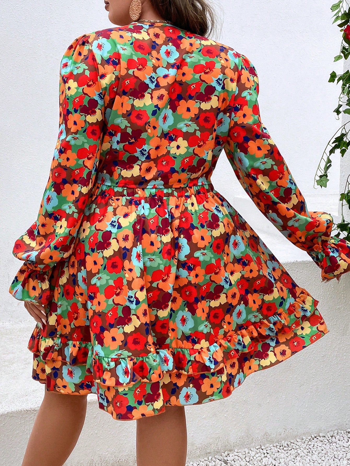 Plus All Over Floral Print Flounce Sleeve Knot Front Crop Top Ruffle Hem Skirt