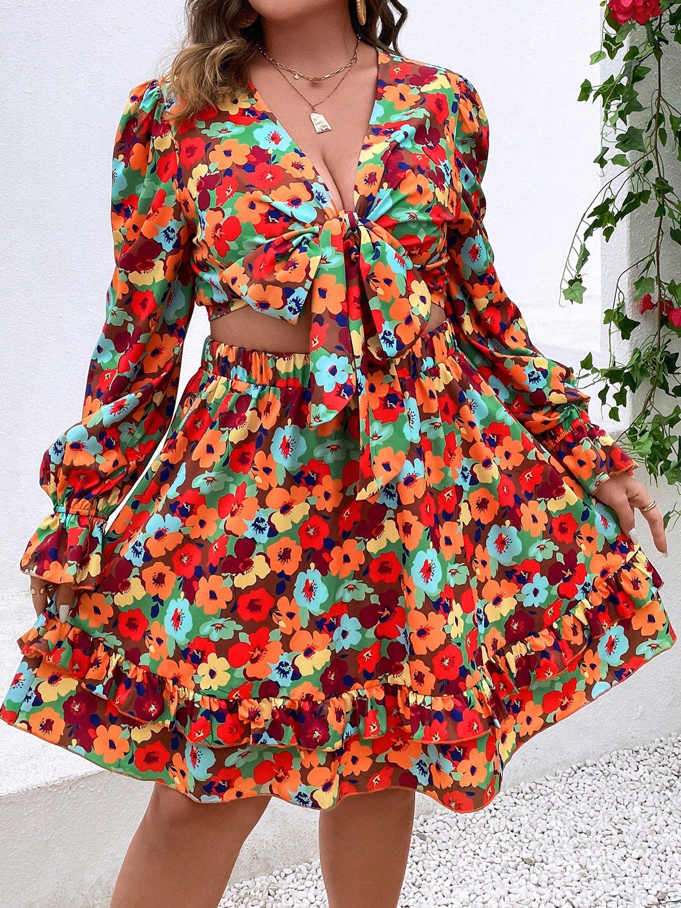 Plus All Over Floral Print Flounce Sleeve Knot Front Crop Top Ruffle Hem Skirt