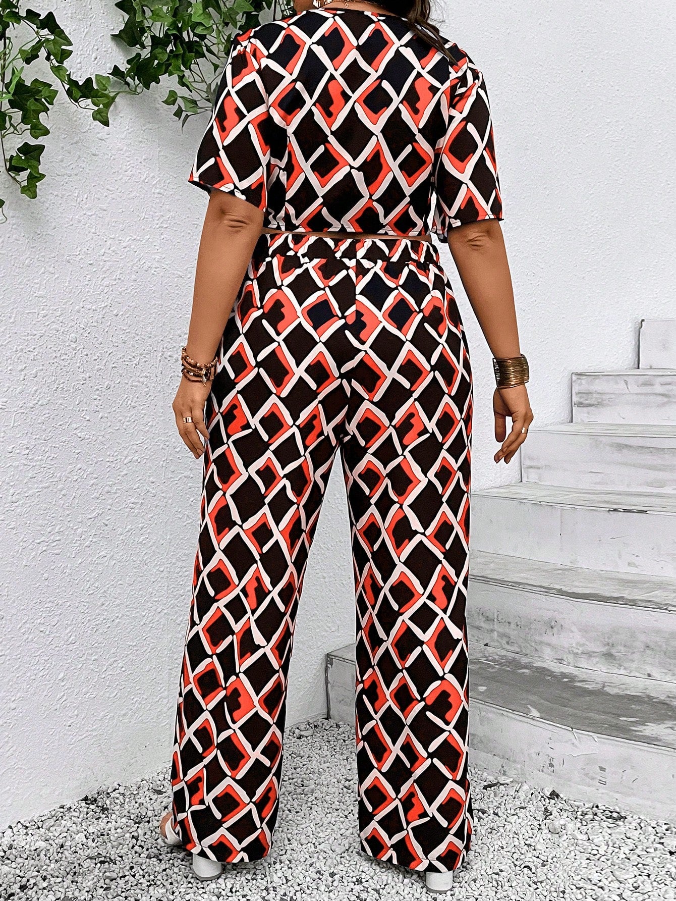 Plus Geo Print Knot Hem Crop Top Wide Leg Pants