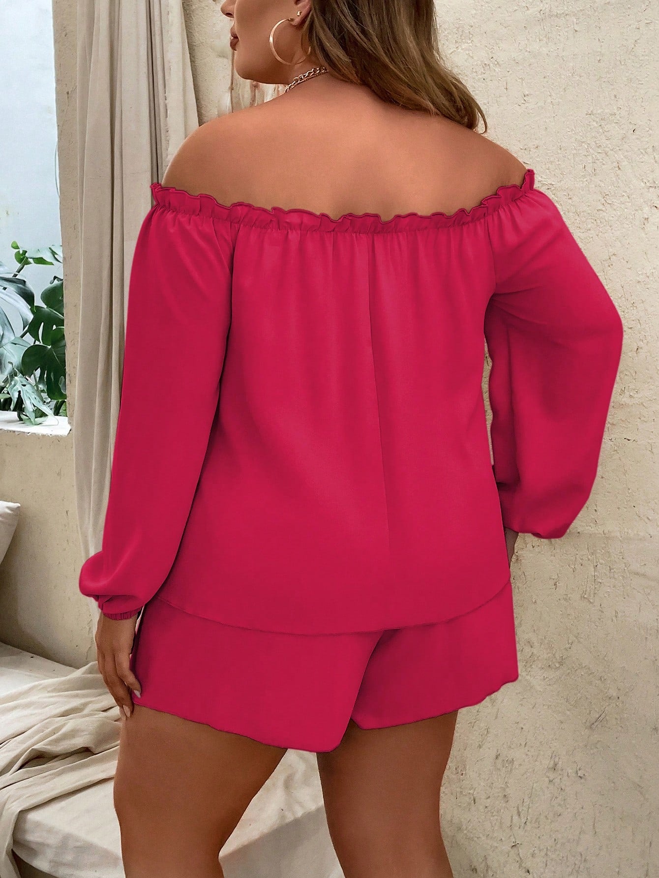 Plus Off Shoulder Frill Trim Lantern Sleeve Top Tie Front Shorts