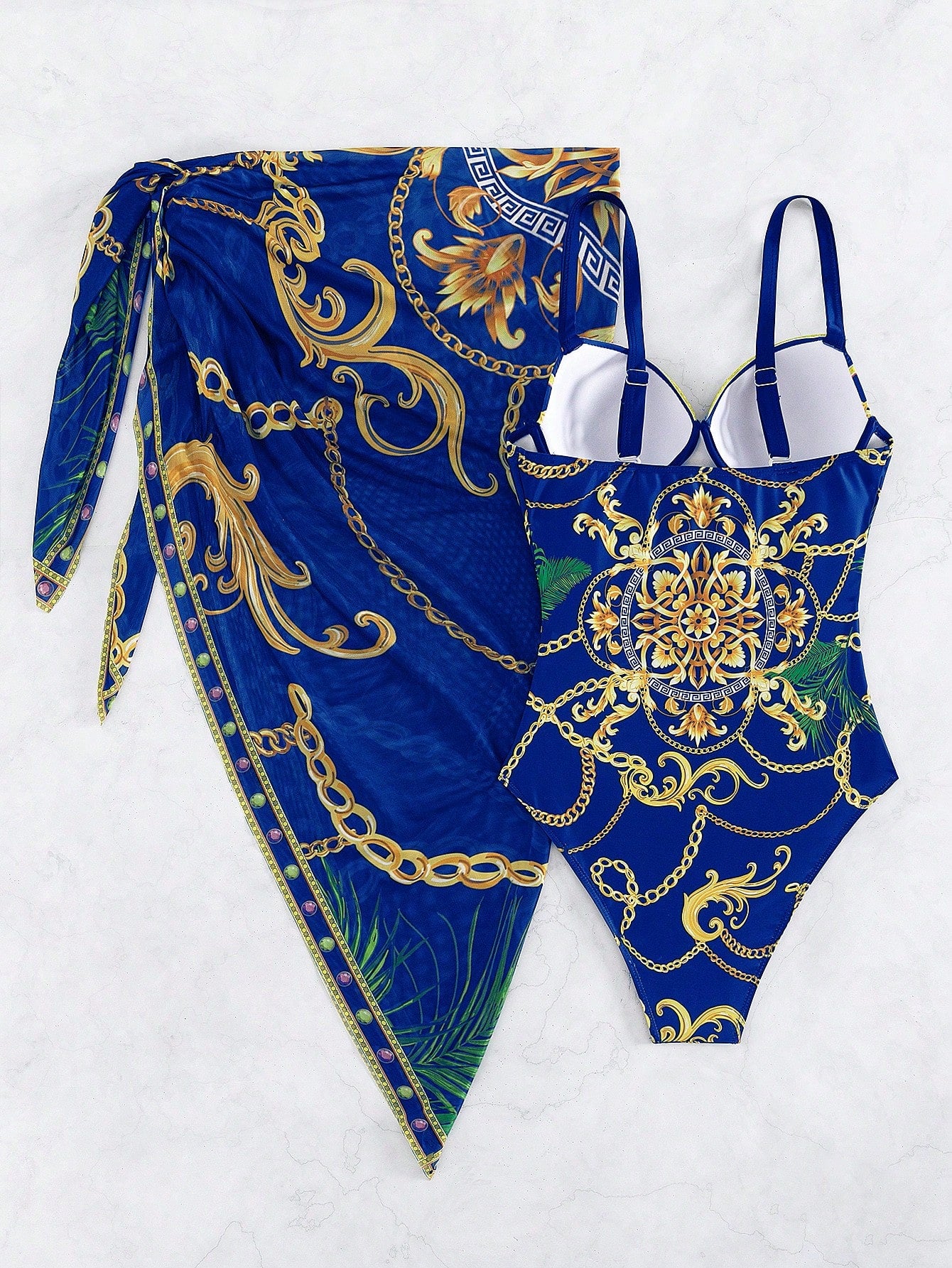 Chain Print Push Up One Piece Swimsuit With Beach Skirt
