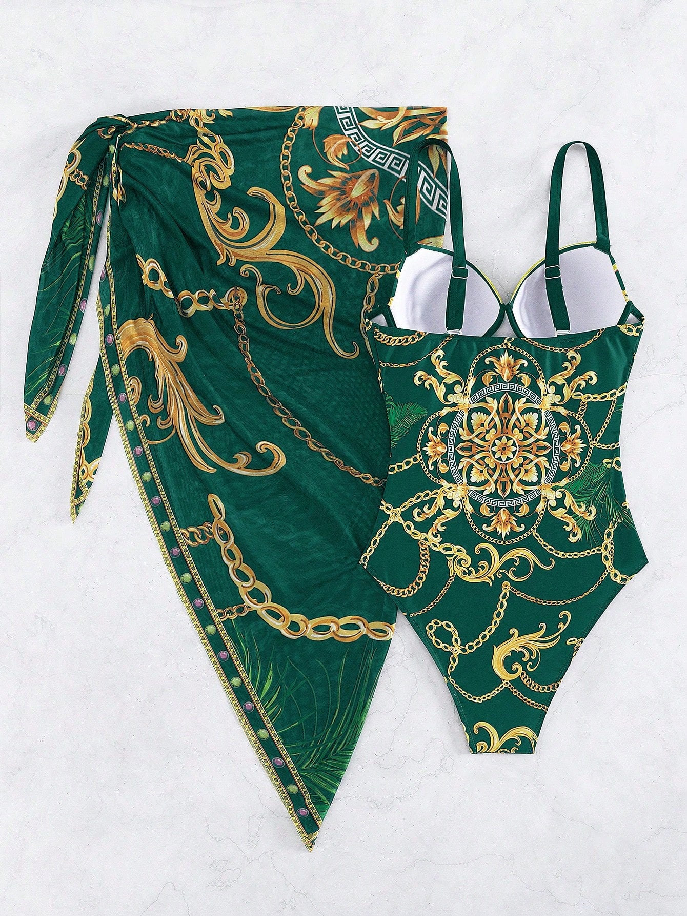 Chain Print Push Up One Piece Swimsuit With Beach Skirt